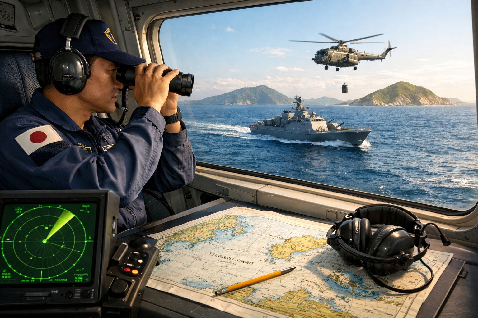 Militar japonês observa pelo binóculo navio de guerra e helicóptero em missão marítima com mapa náutico e radar.