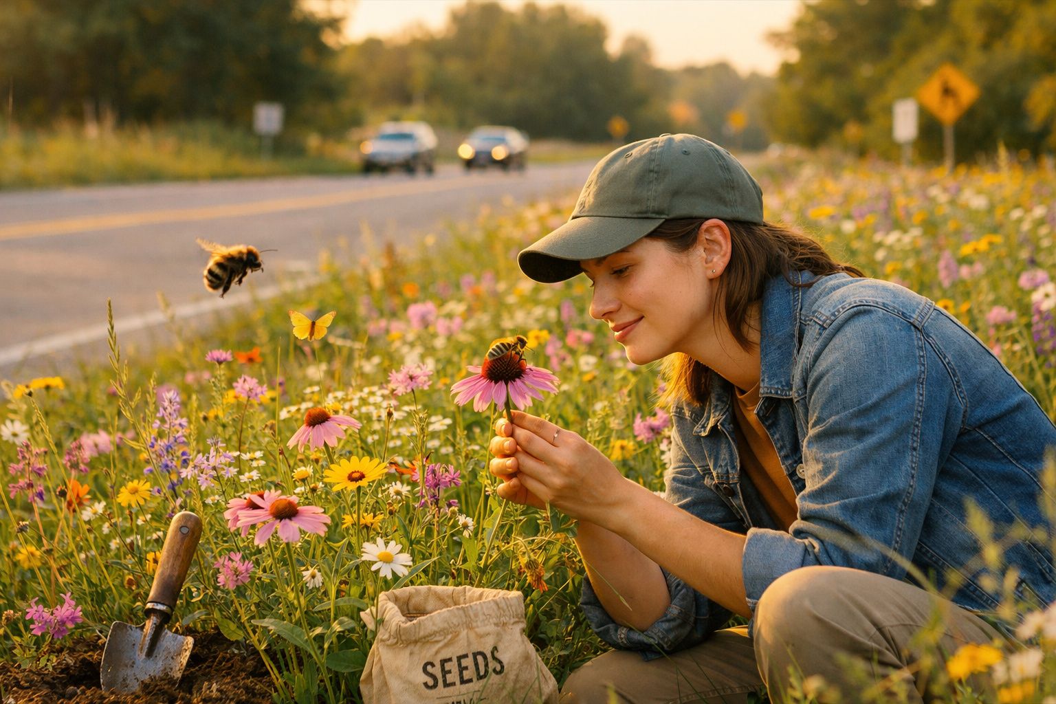 Mulher numa margem de estrada observa uma flor rosa enquanto abelha voa junto a outras flores coloridas.