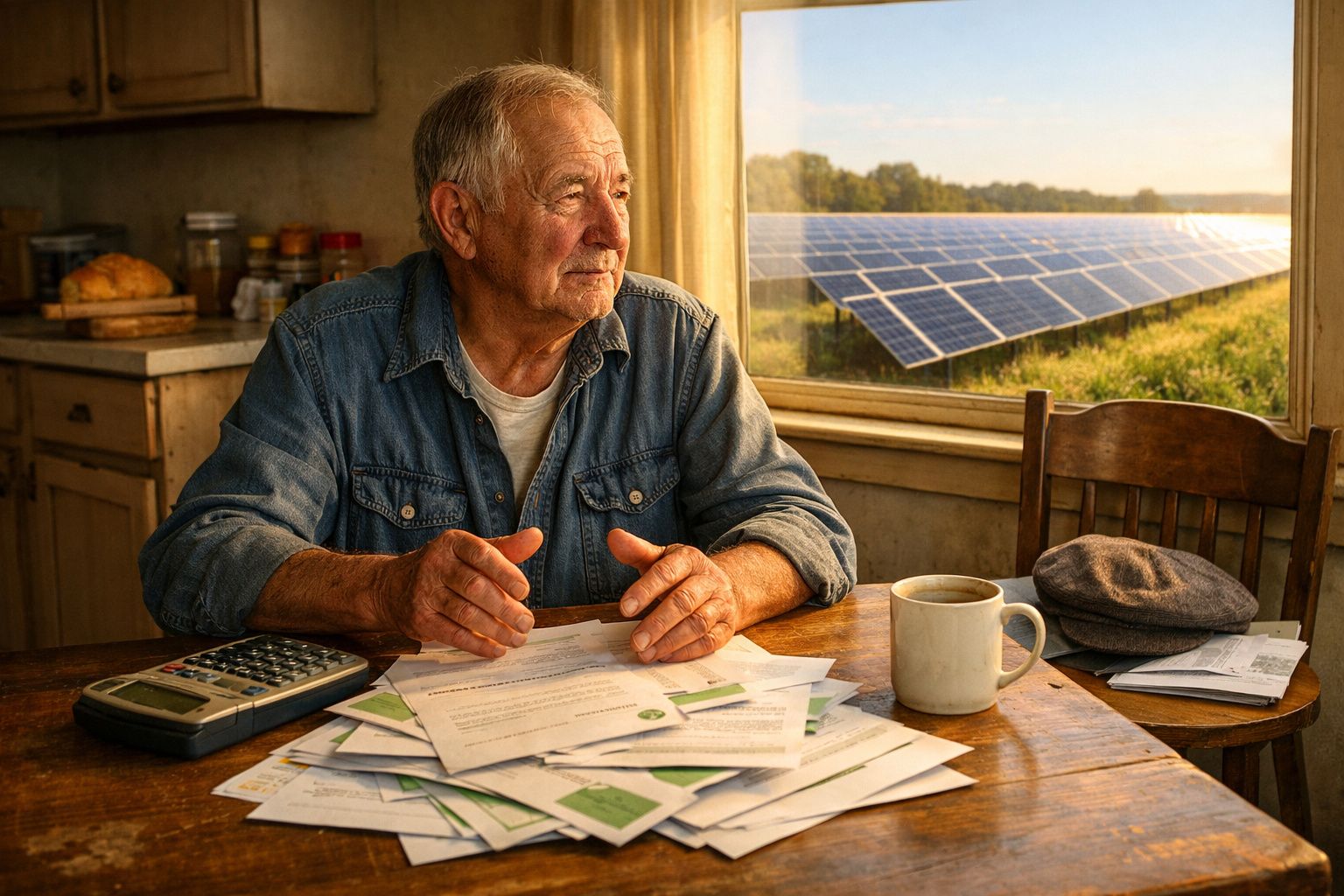 Homem sénior sentado à mesa com documentos e calculadora, olhando para painéis solares através da janela.