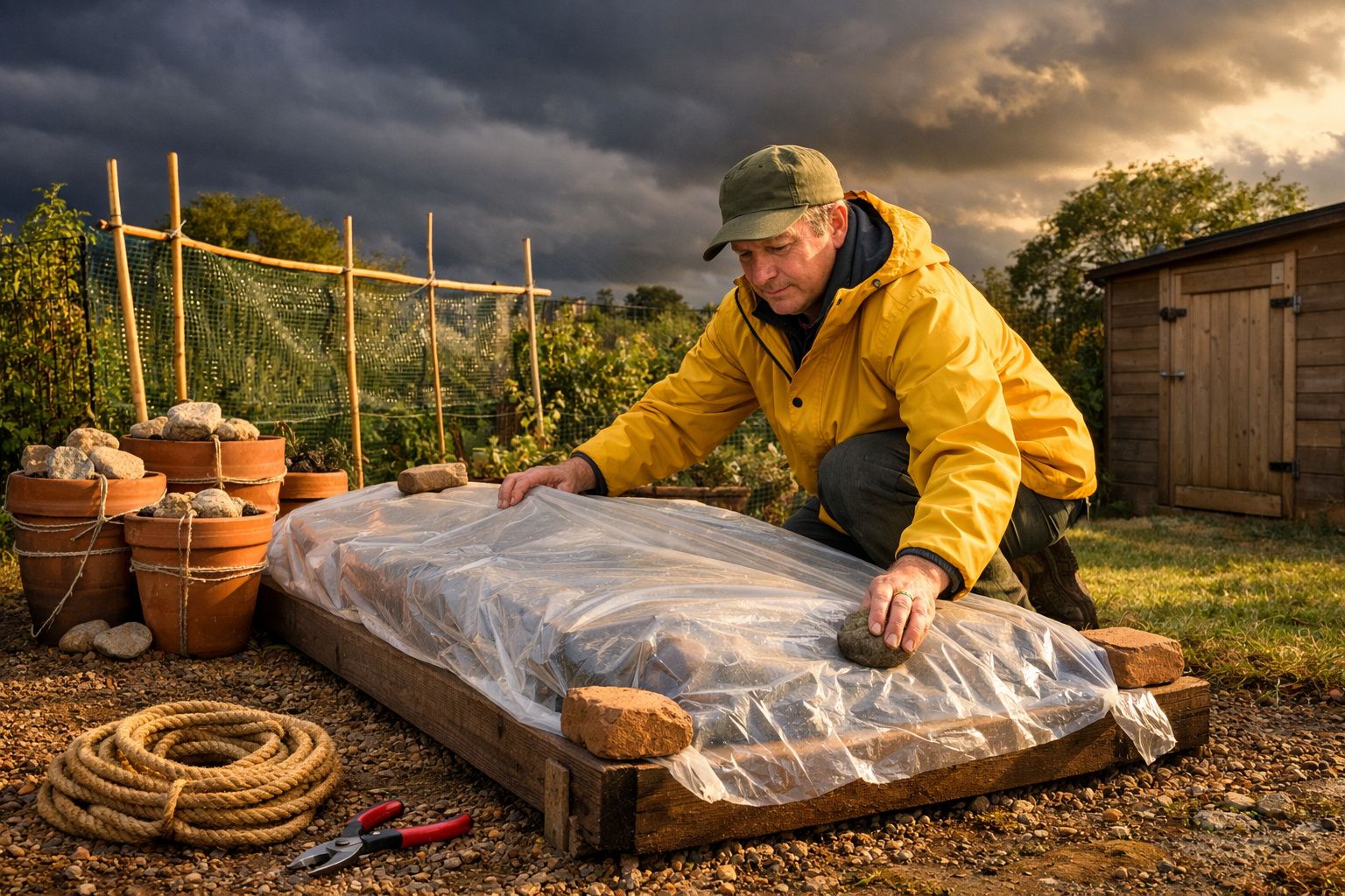 Homem com casaco amarelo segura pedra para proteger planta em caixa de madeira coberta com plástico no jardim.