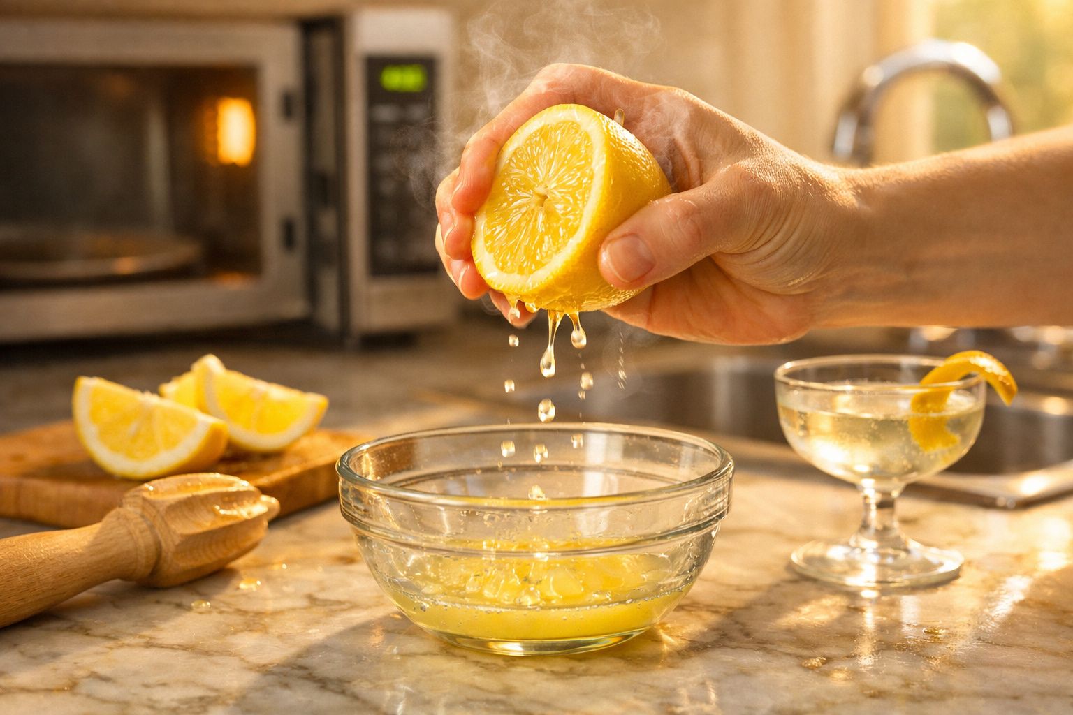 Mão a espremer um limão sobre uma tigela de vidro com sumo, ao lado de limões cortados e copo com bebida.