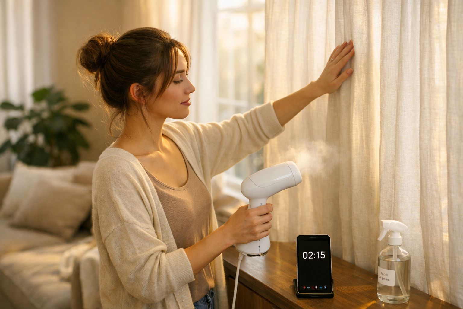 Mulher usa um vaporizador de roupas para passar cortinas num quarto iluminado pela luz natural.