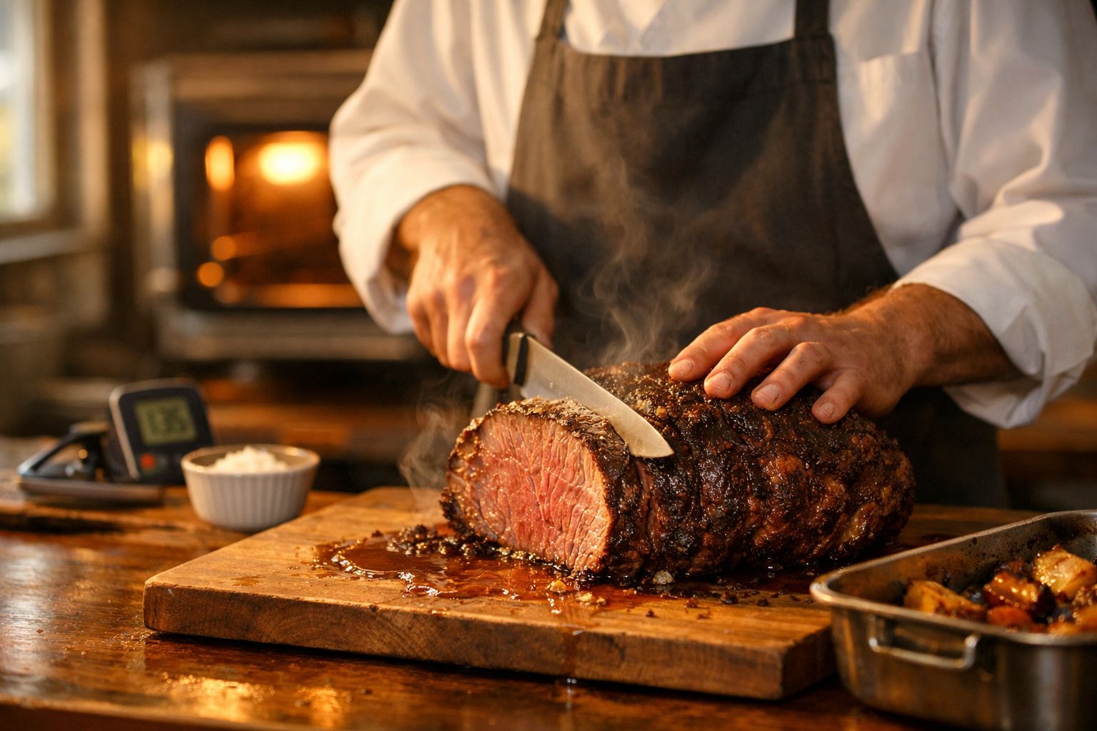 Pessoa a cortar carne assada suculenta sobre tábua de madeira numa cozinha rústica.