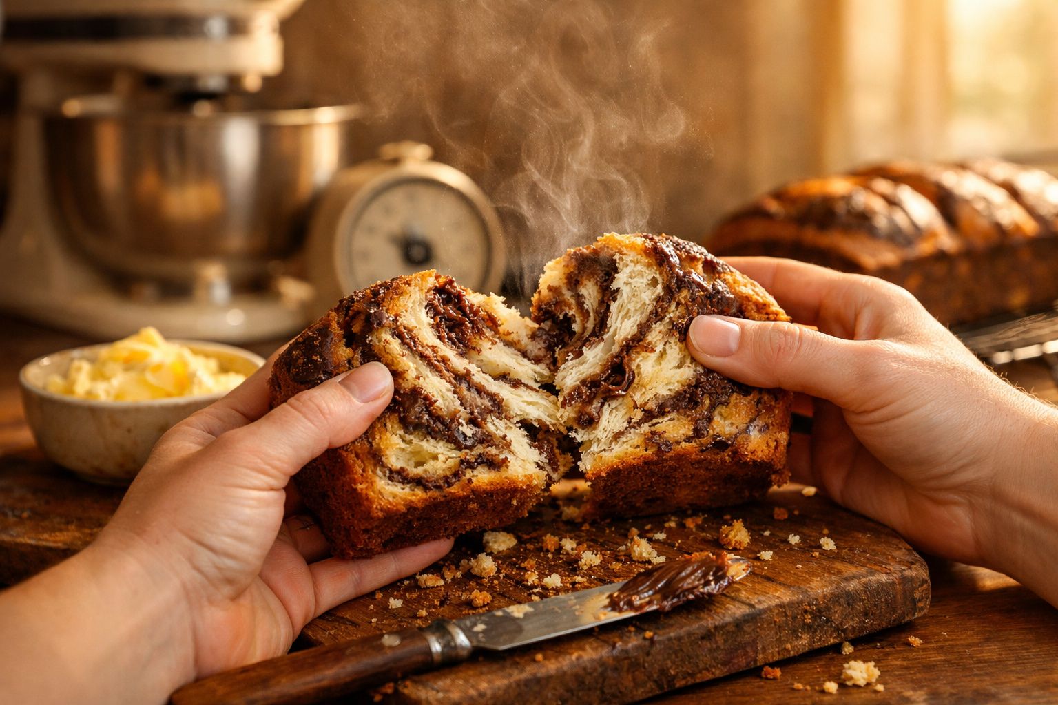 Pessoa parte pão quente com chocolate numa tábua de madeira, com manteiga e balança ao fundo.