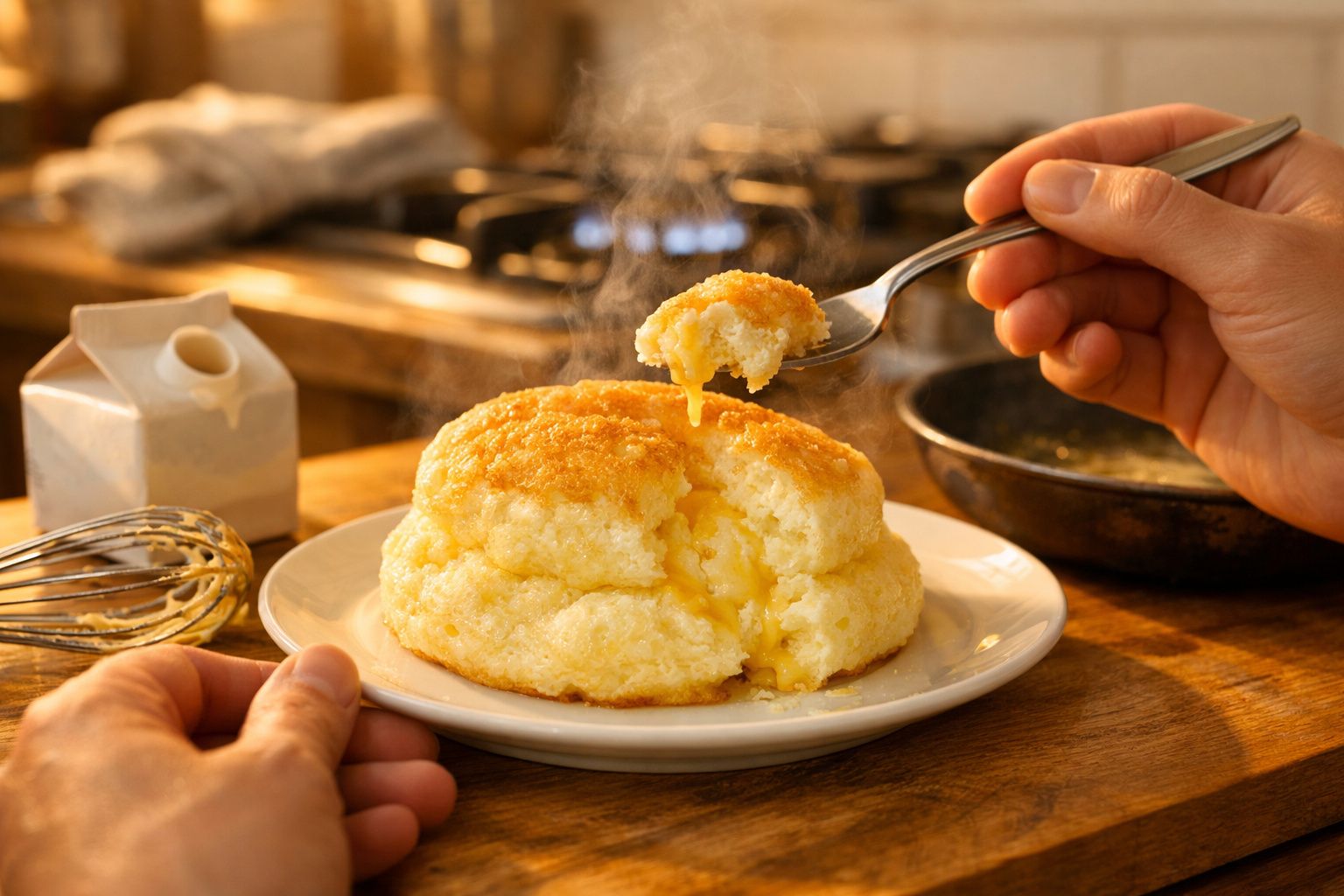 Pão de queijo quente e fofo servido num prato branco com mão a retirar uma porção com colher na cozinha.