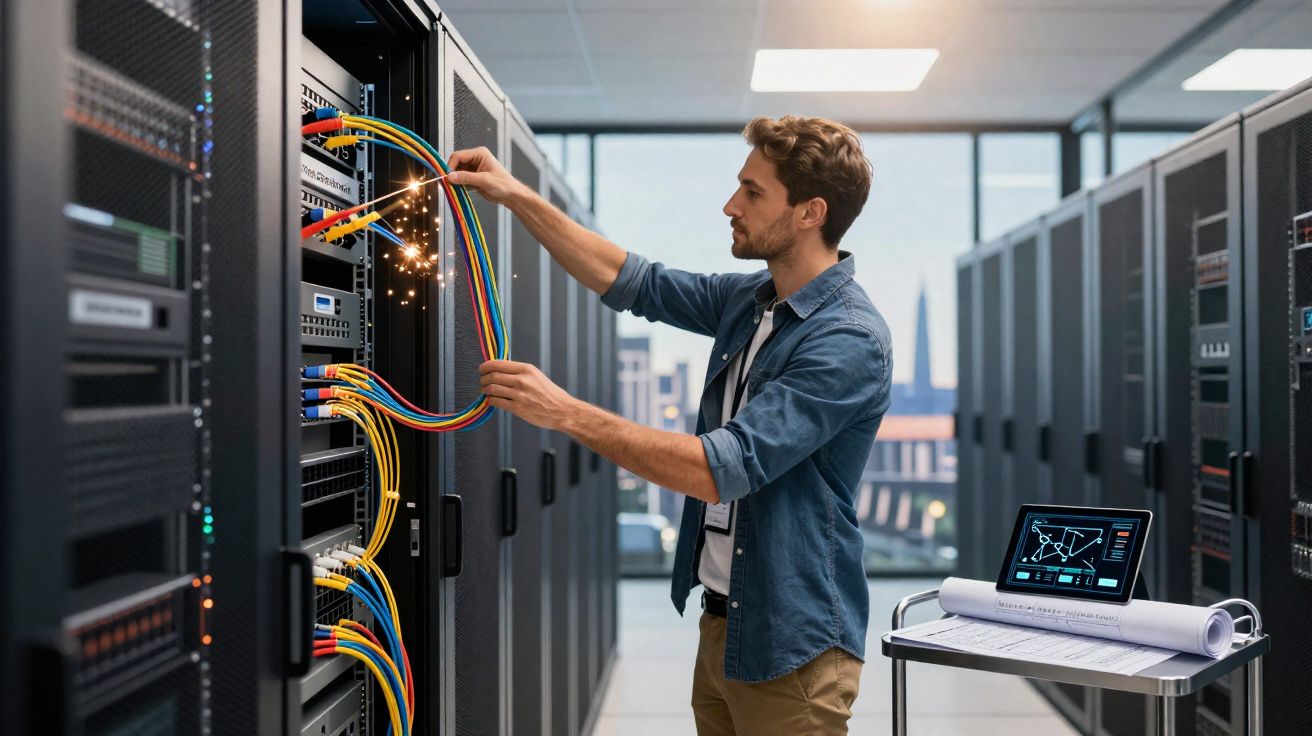 Homem a trabalhar com cabos coloridos num servidor de rede num centro de dados moderno.