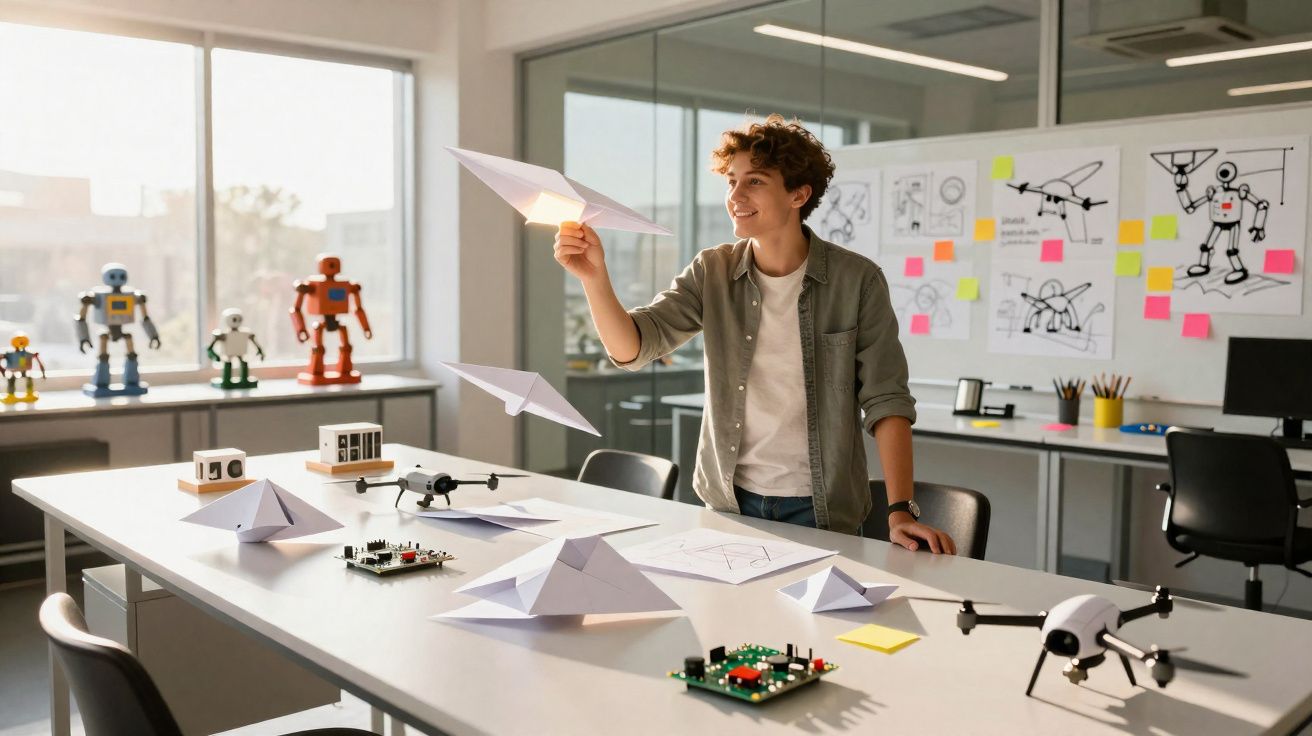 Jovem em oficina de robótica brinca com aviões de papel numa mesa com drones e modelos robóticos.