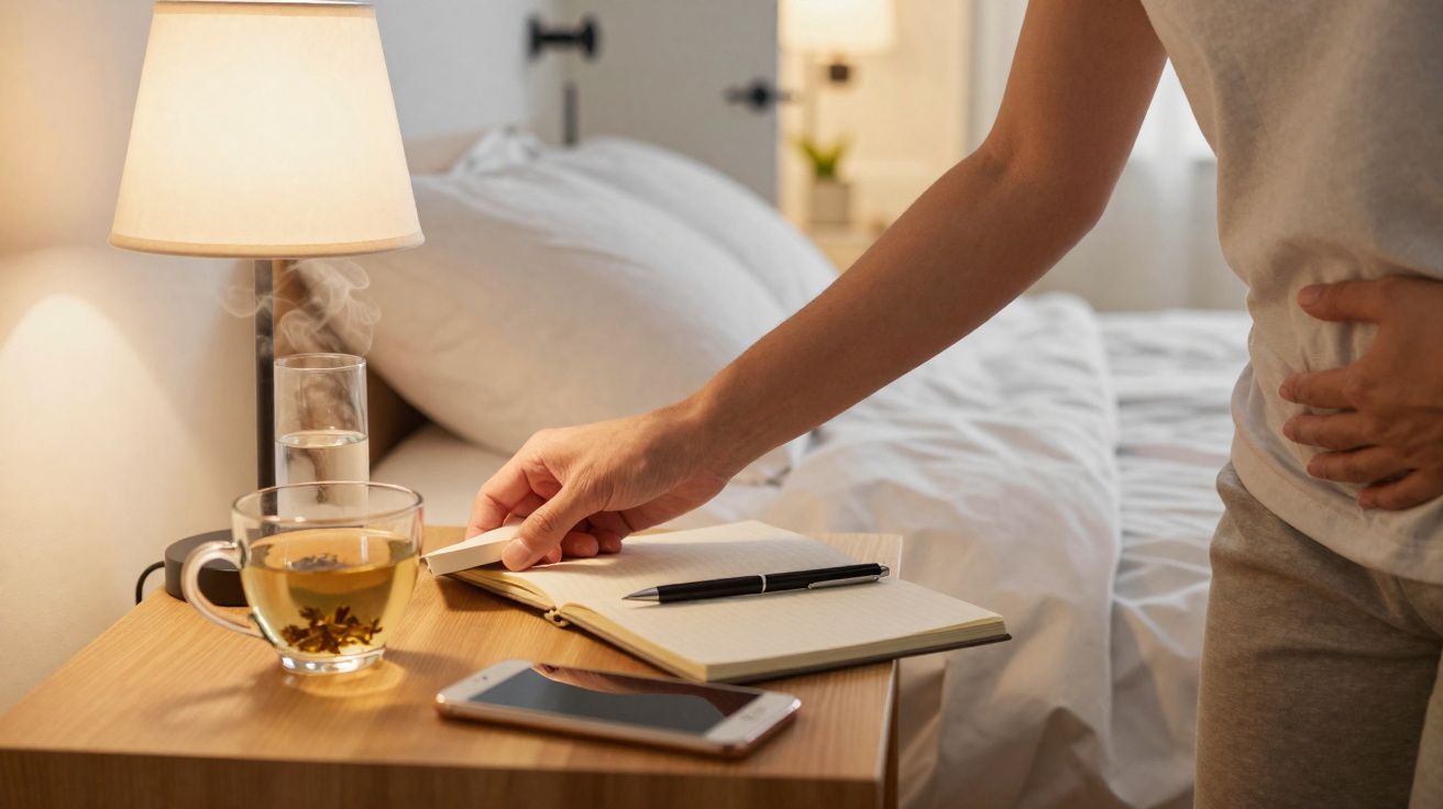 Pessoa segurando o estômago e pousando um sachê em chá numa mesa ao lado da cama com bloco e telemóvel.