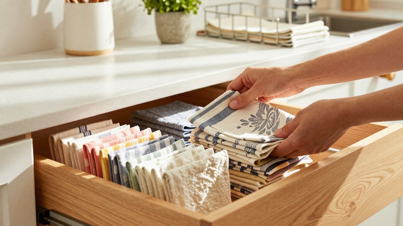Gaveta de madeira organizada com diferentes panos de cozinha dobrados e mãos a arrumar um deles.