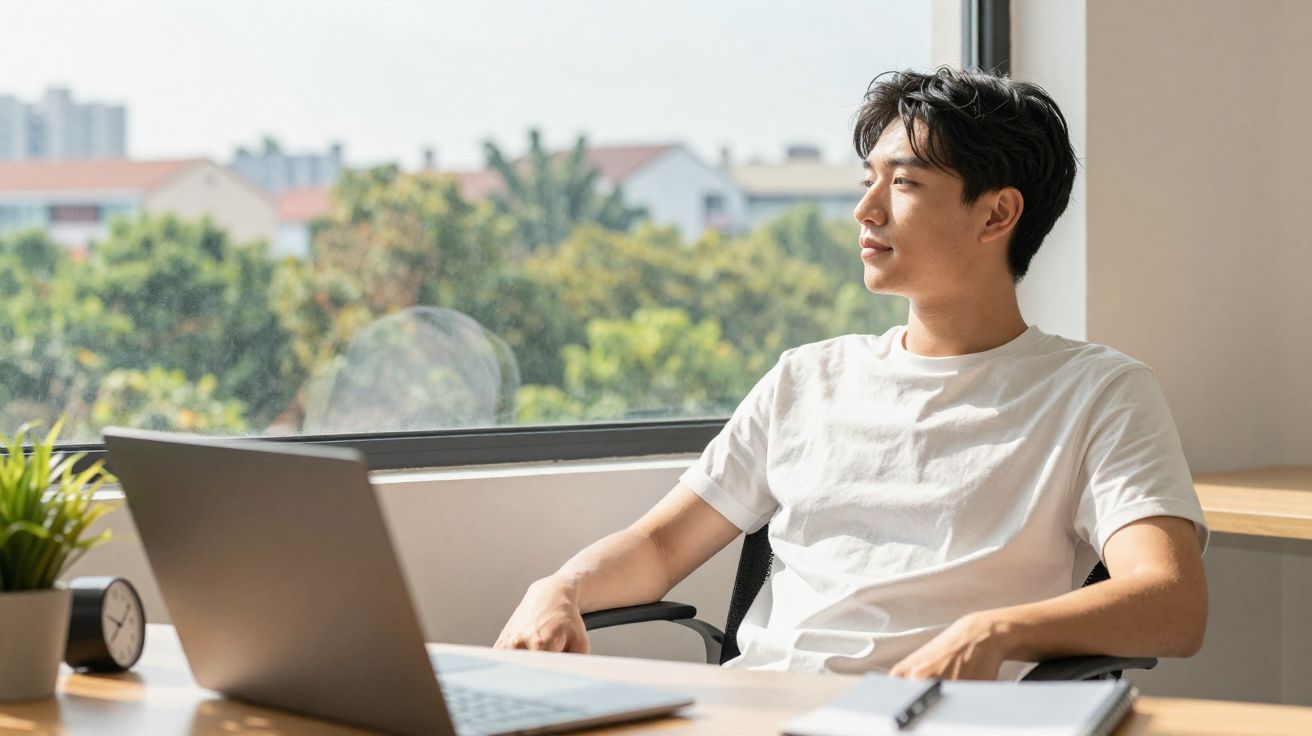 Jovem sentado em escritório ao lado de janela, olhando para o exterior, com computador portátil e caderno na secretária.
