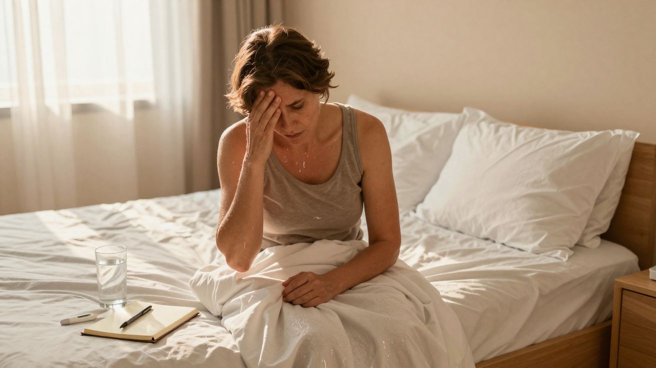 Mulher sentada na cama, com expressão de cansaço e mão na testa, ao lado de copo de água e caderno.