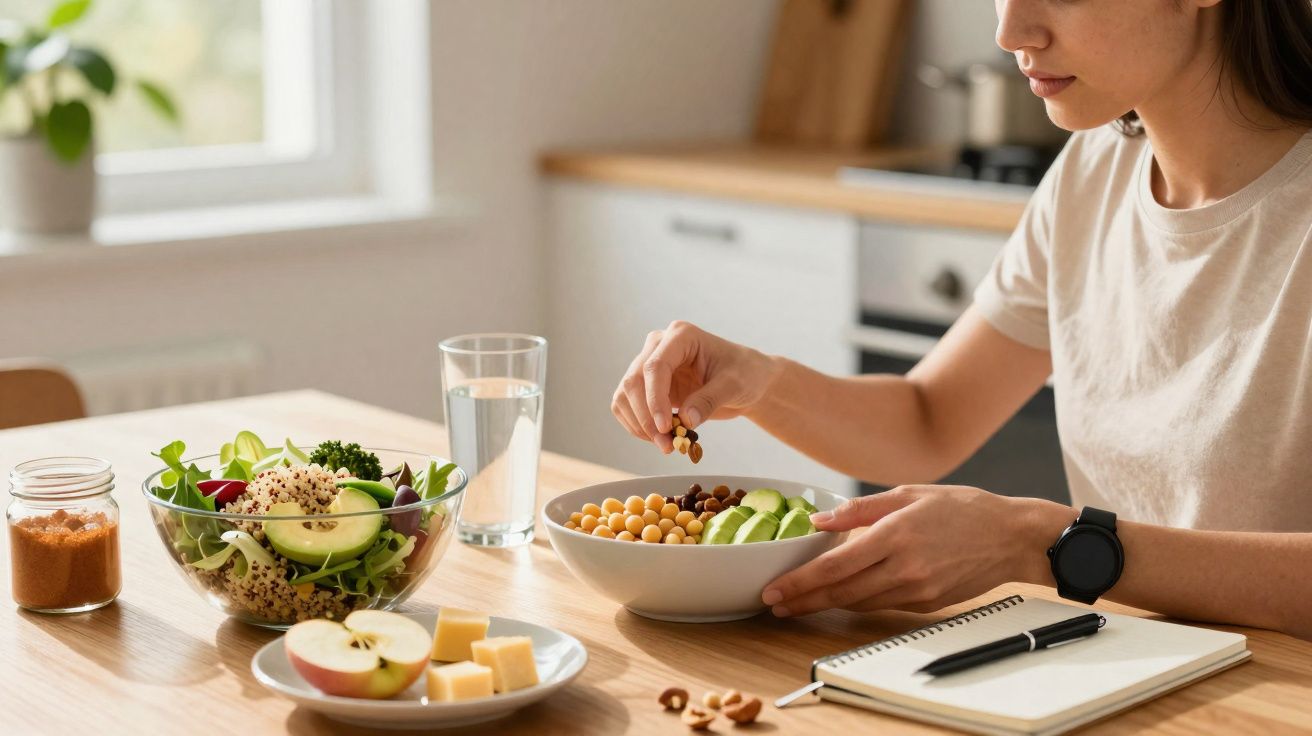 Pessoa a preparar uma refeição saudável com legumes, frutos secos e queijo numa cozinha luminosa.