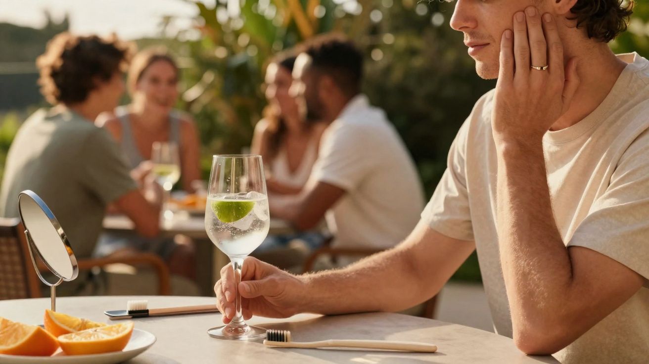 Homem segurando copo com bebida e lima num ambiente social ao ar livre com amigos ao fundo.