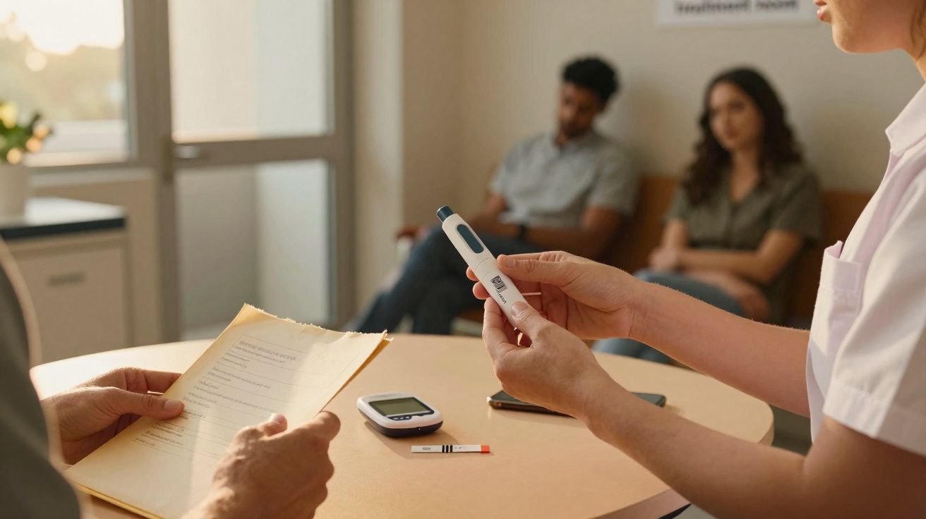 Profissionais de saúde analisam dispositivo de medição de glicose em consultório com pacientes ao fundo.