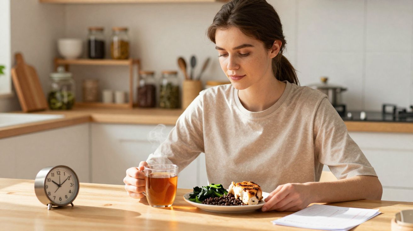 Mulher sentada à mesa na cozinha a beber chá e a preparar-se para comer uma refeição saudável às 8:00.