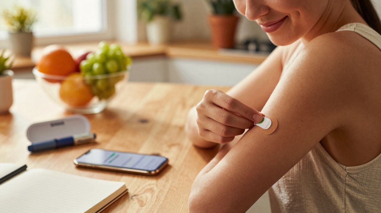Mulher aplica sensor de glicose no braço enquanto está sentada à mesa com smartphone e frutas ao fundo.