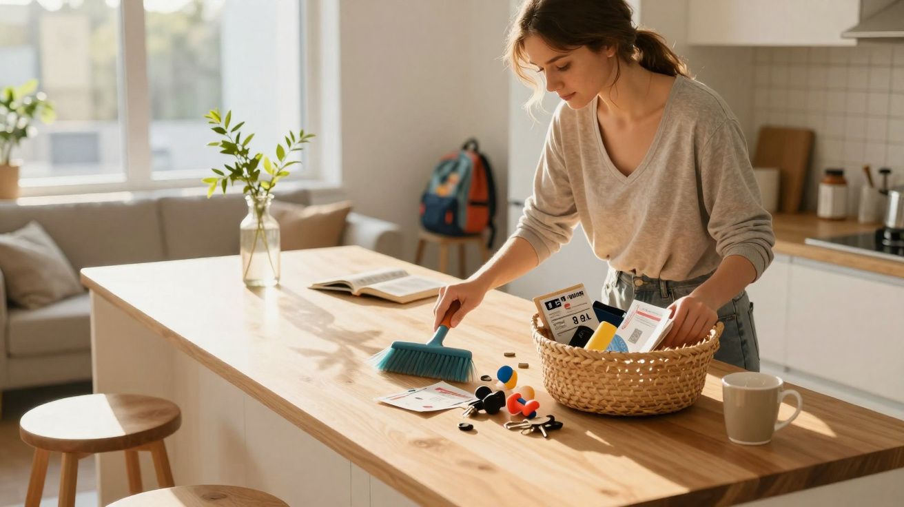 Mulher jovem a varrer migalhas de uma mesa de madeira na cozinha com luz natural.