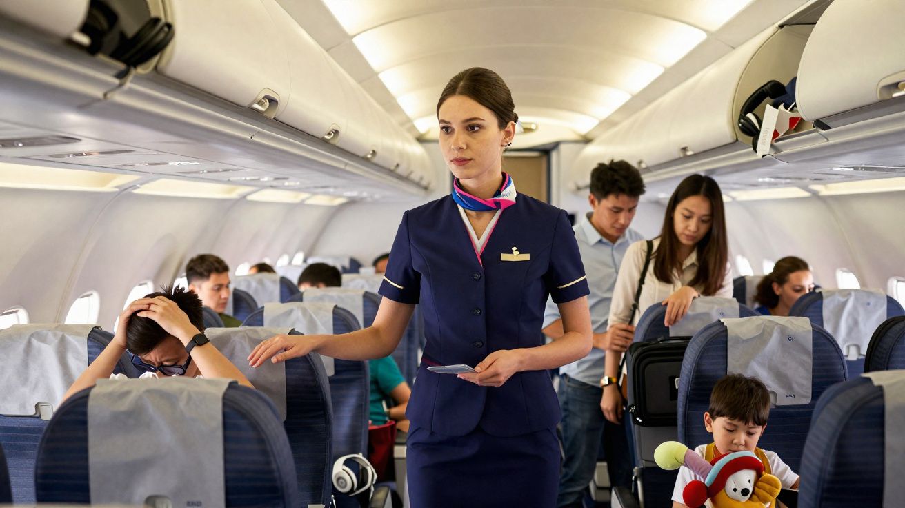 Tripulante de cabine em uniforme azul a atender passageiros durante voo comercial com famílias a bordo.
