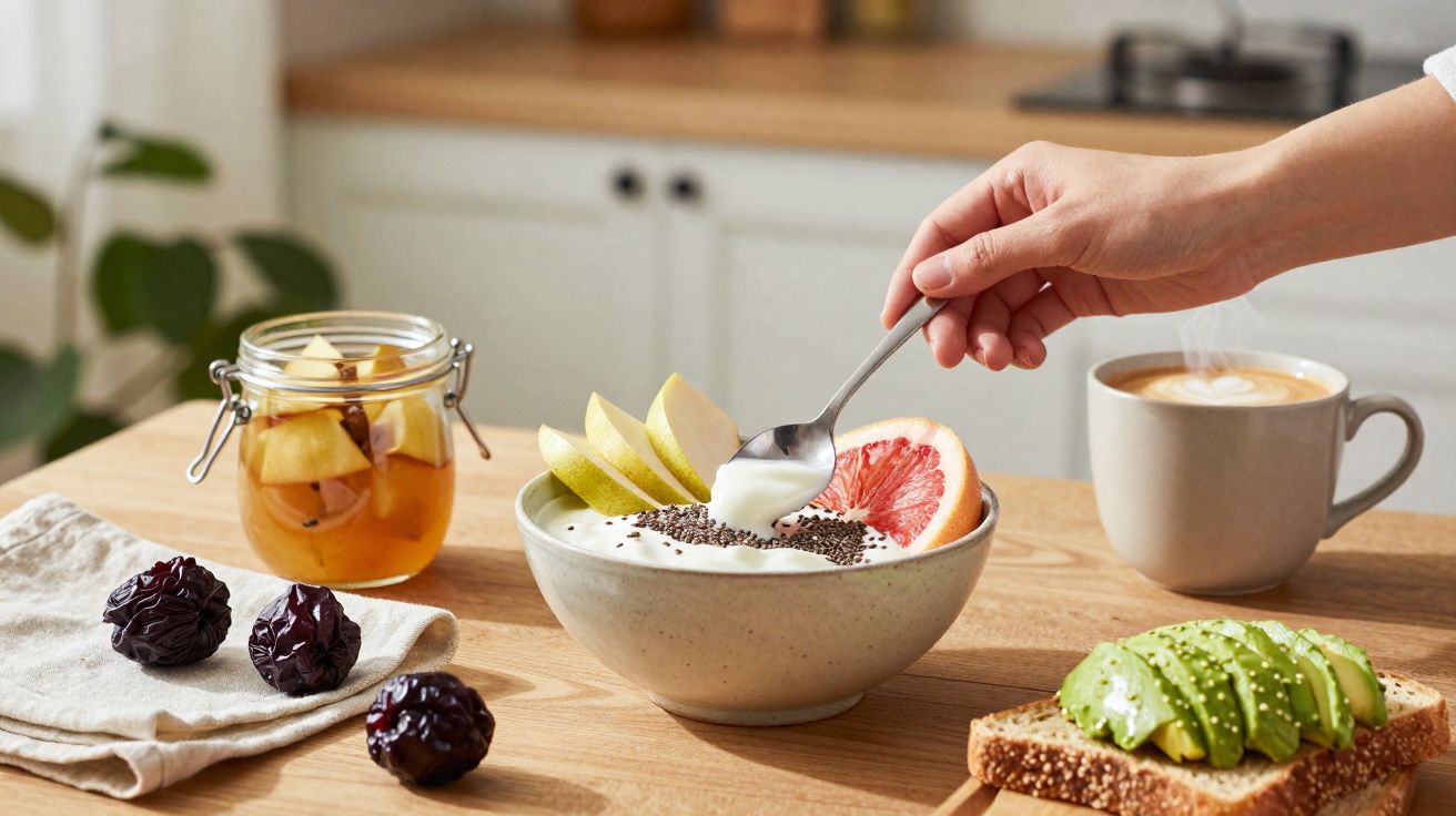 Tigela com iogurte, frutas e sementes, mão com colher, torrada com abacate, frutos secos e café numa mesa.