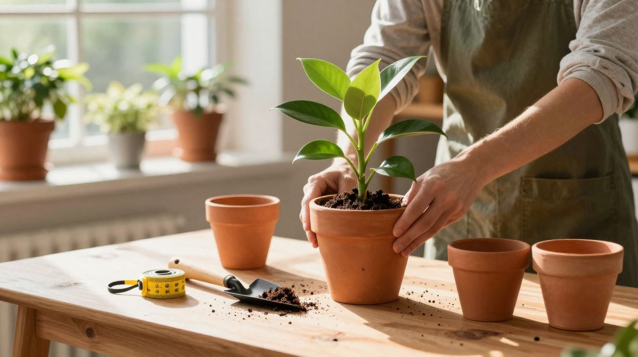 Pessoa a colocar planta em vaso de barro numa mesa de madeira rodeada de utensílios de jardinagem.
