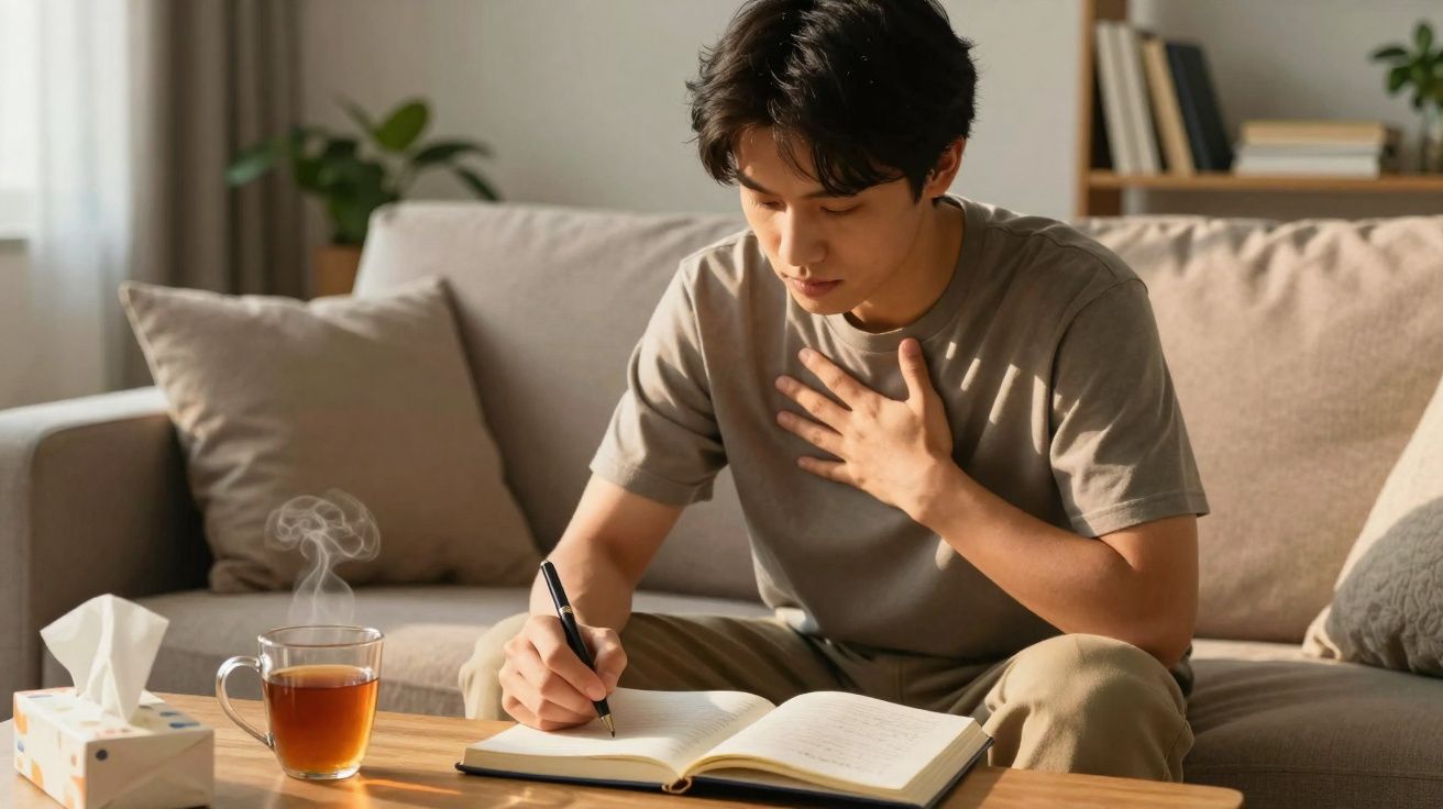 Homem jovem sentado no sofá a escrever num caderno, com chá quente e lenços ao lado na mesa.
