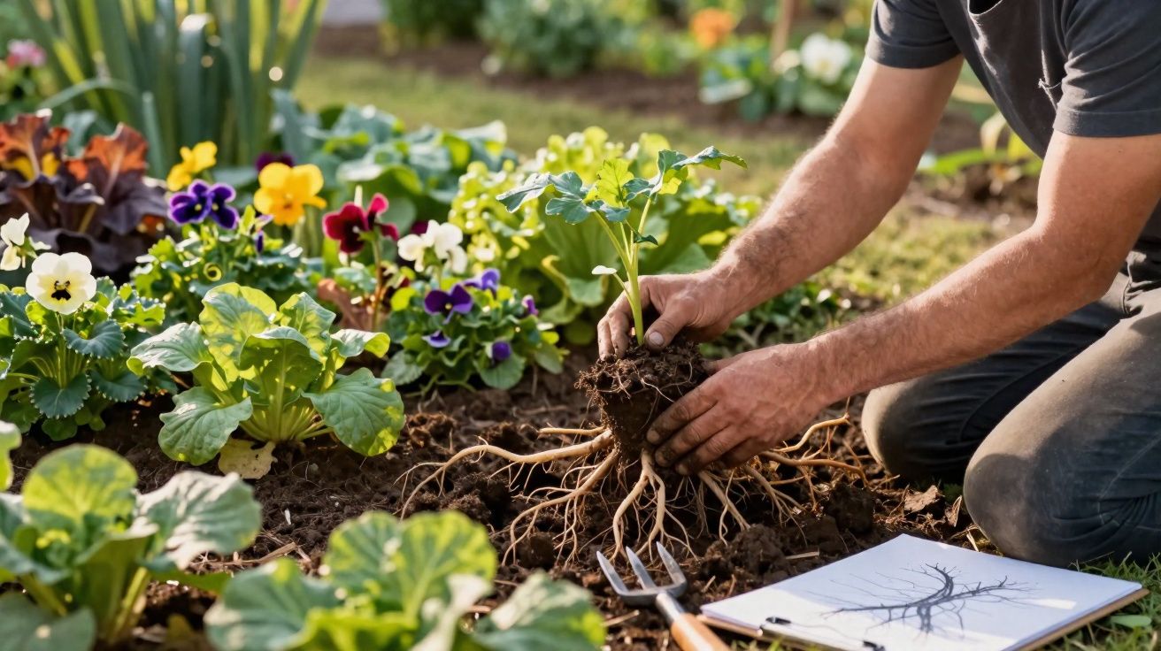 Pessoa a preparar uma planta com raízes para transplante num jardim florido ao ar livre.