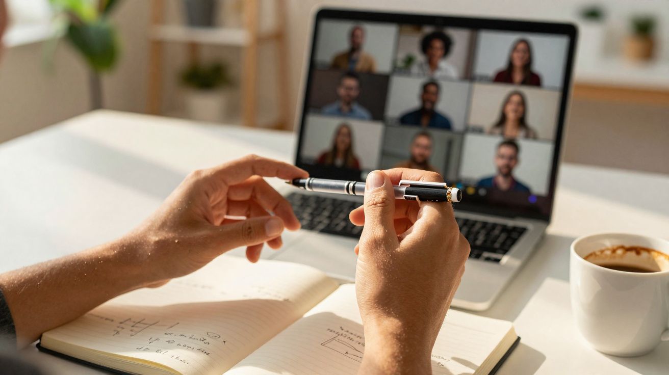 Mãos seguras com caneta sobre caderno aberto, numa videoconferência com várias pessoas no ecrã do portátil.