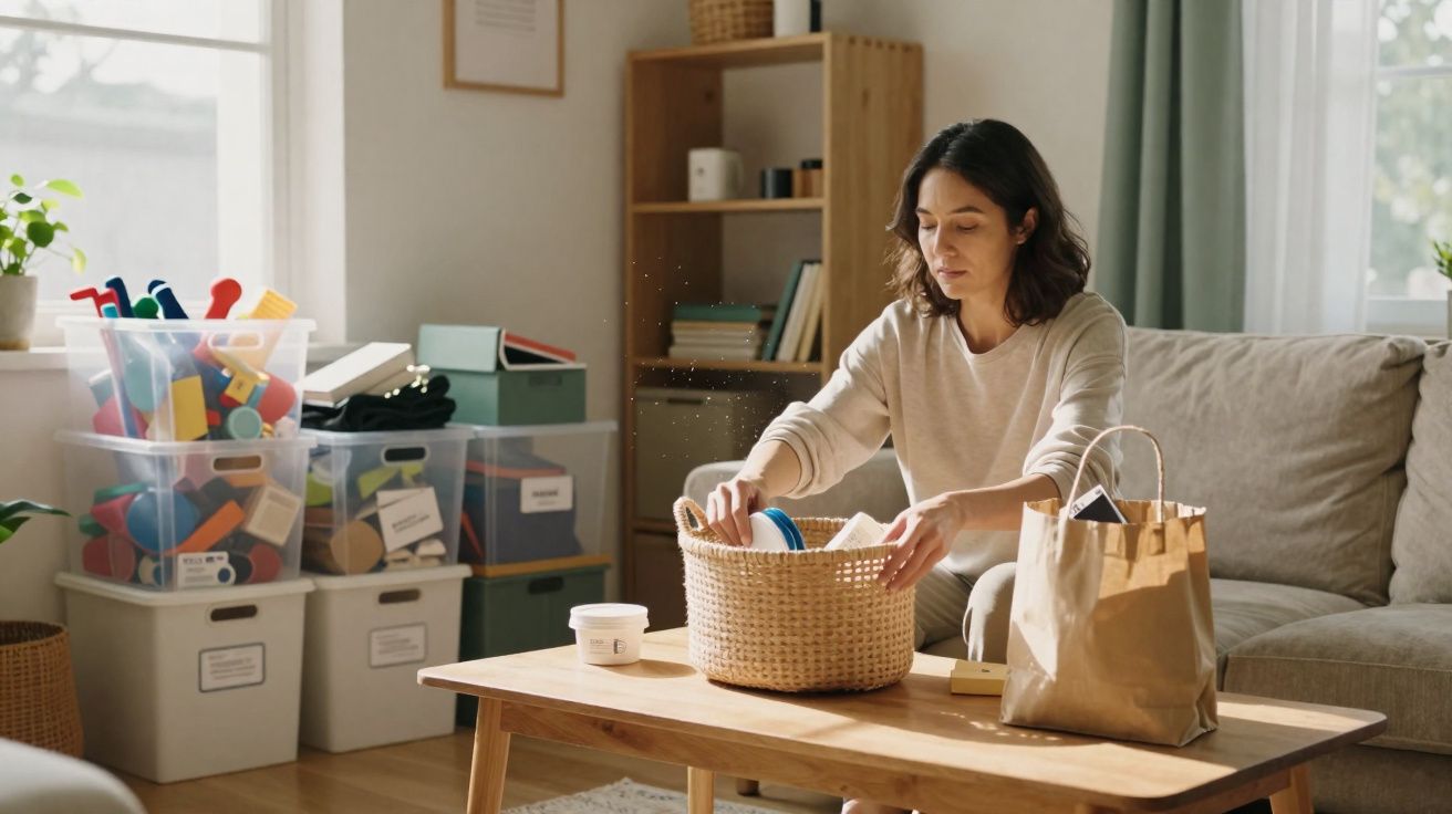 Mulher sentada no sofá a organizar objetos numa cesta numa sala de estar luminosa e arrumada.