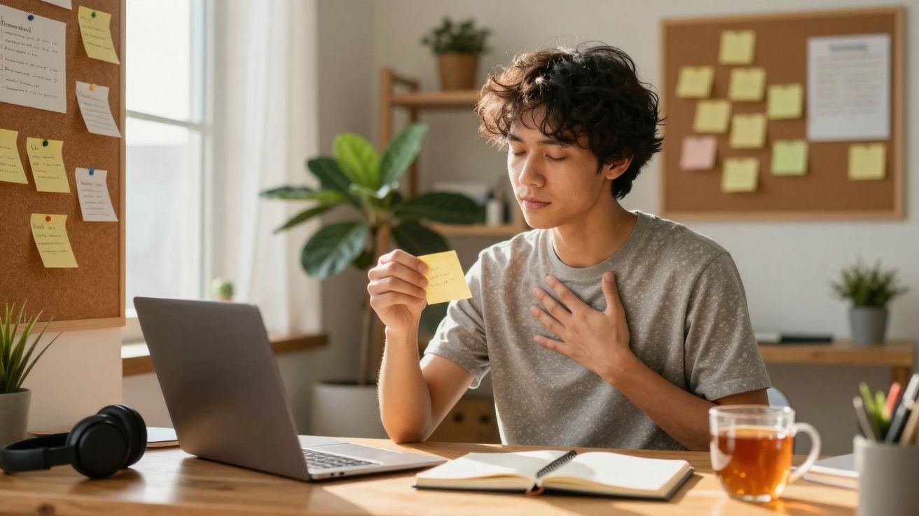 Jovem sentado à mesa com computador, a ler nota na mão, rodeado de objetos de estudo e planta interior.