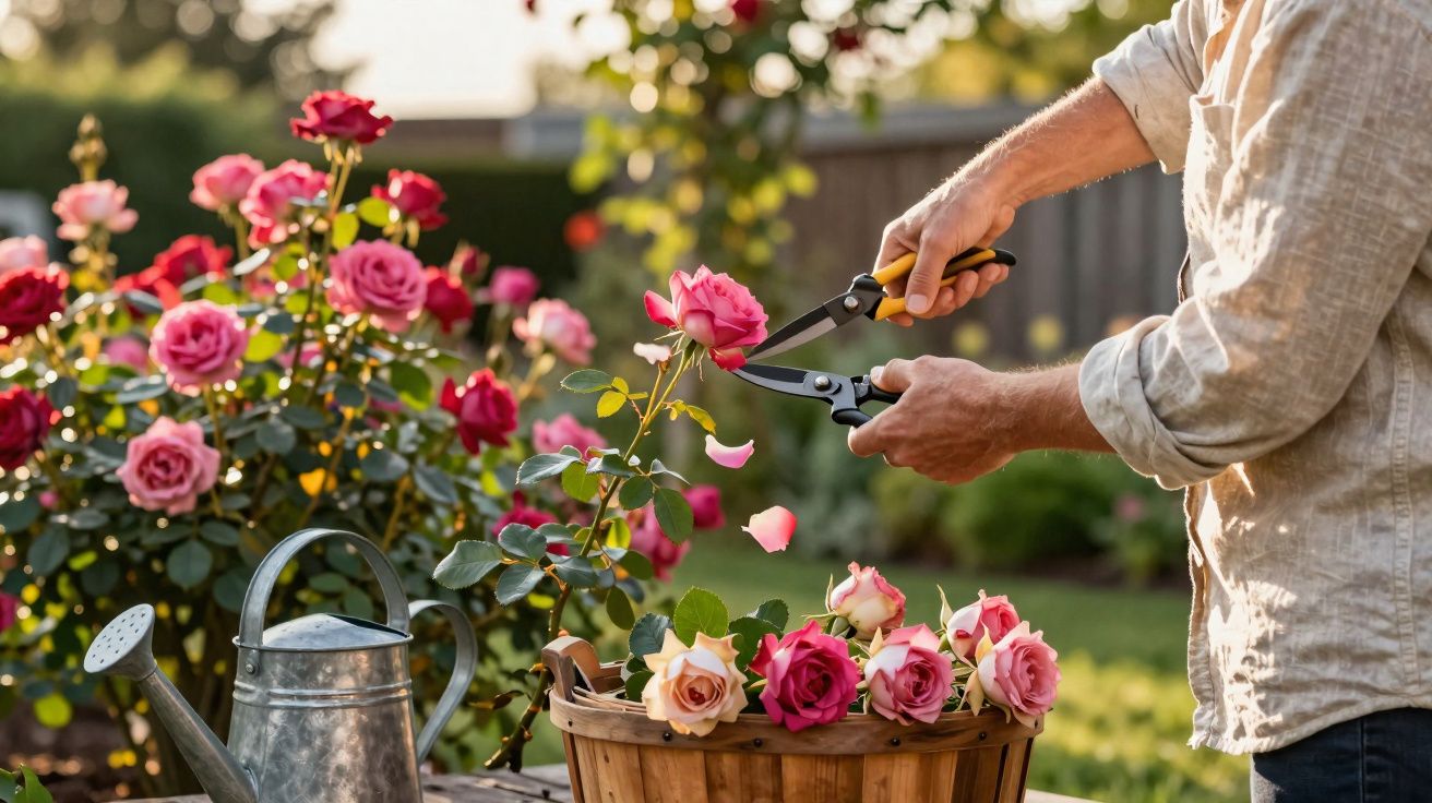 Pessoa a podar rosas cor-de-rosa num jardim com regador e cesta de flores ao lado.