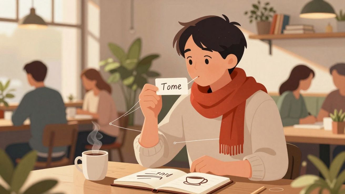 Pessoa sentada numa mesa de café com cachecol vermelho, segurando um papel com a palavra "Tome".