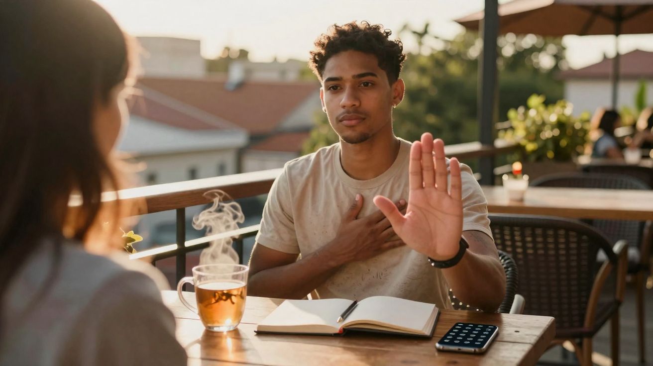 Jovem recusa algo com a mão levantada durante conversa num café ao ar livre ao entardecer.