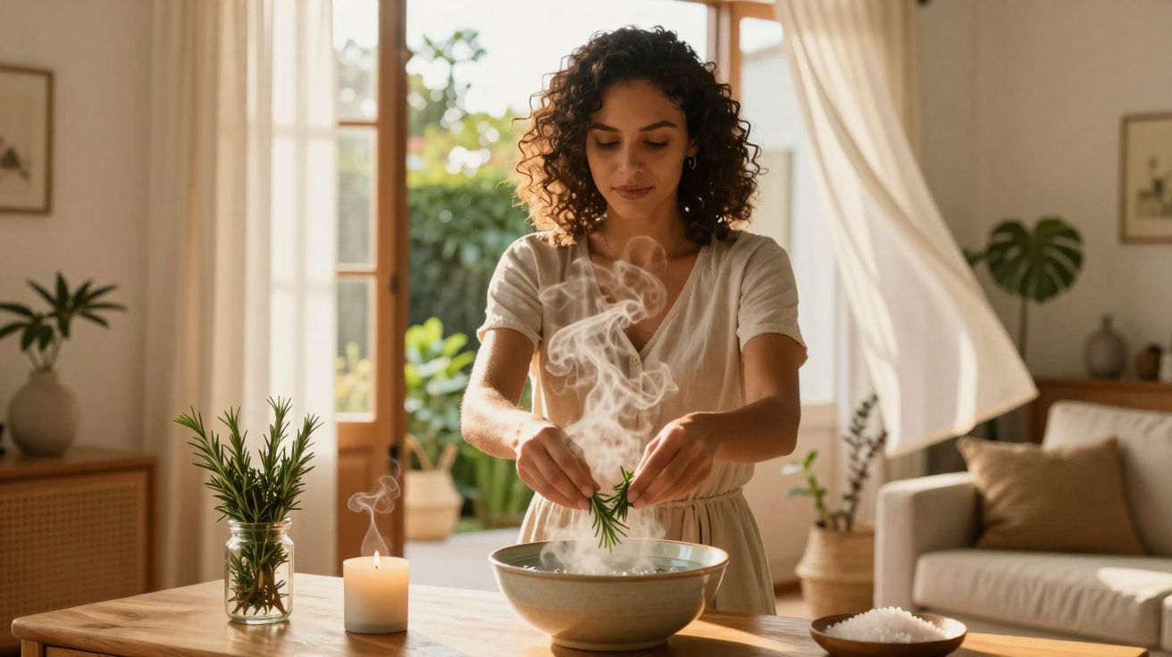 Mulher com vestido claro a preparar uma infusão de ervas numa tigela, com vela acesa e jarro de ervas na mesa.
