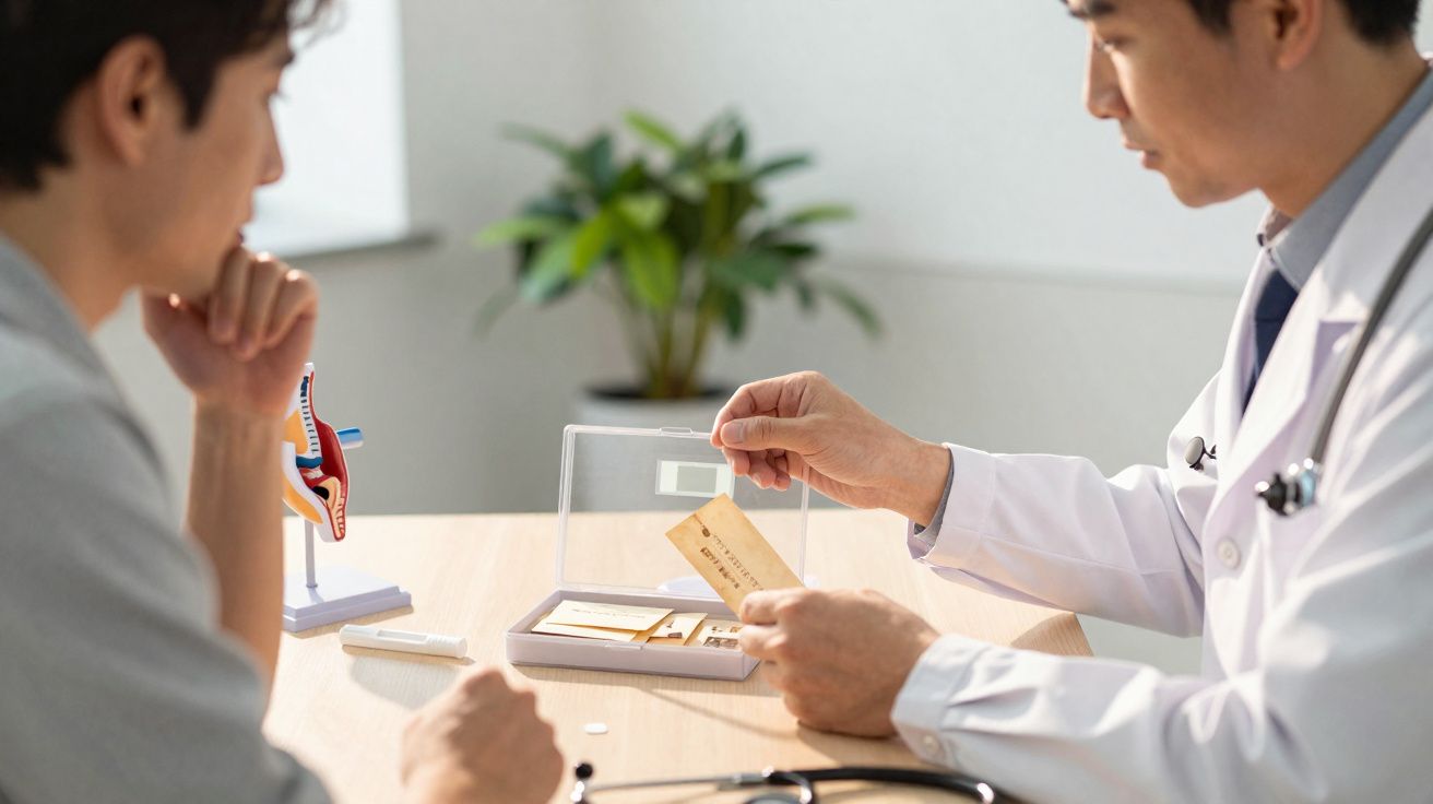 Médico em consulta explicando exame a paciente com modelo anatómico na mesa, fundo desfocado.