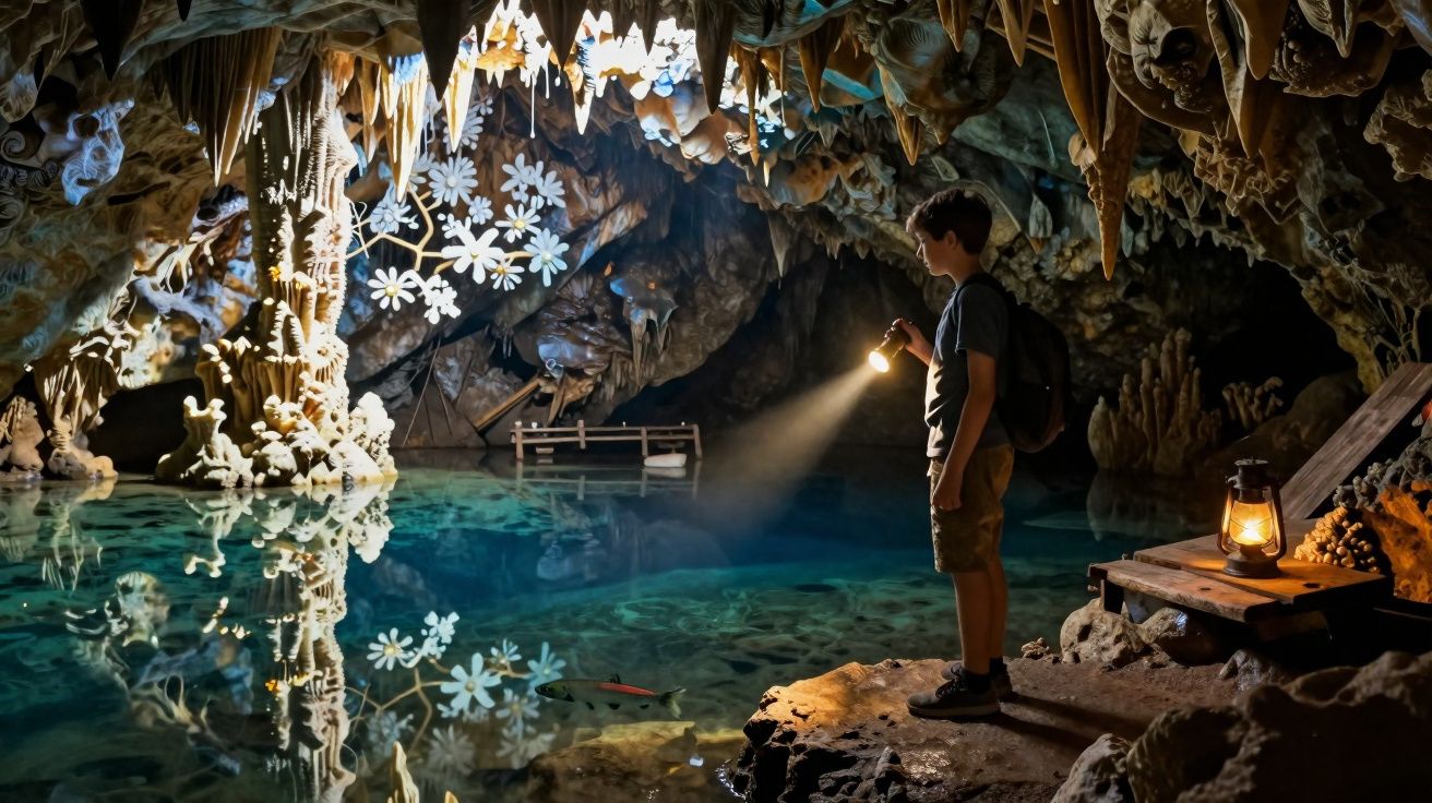 Garoto com lanterna explora gruta iluminada, com lago cristalino e estalactites refletidas na água.