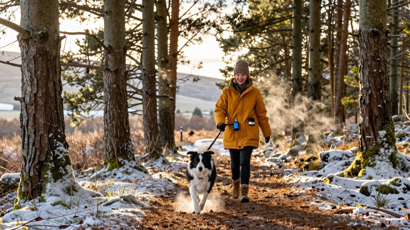 Pessoa com casaco amarelo caminha com cão pela floresta fria com neve e vapor visível no ar.