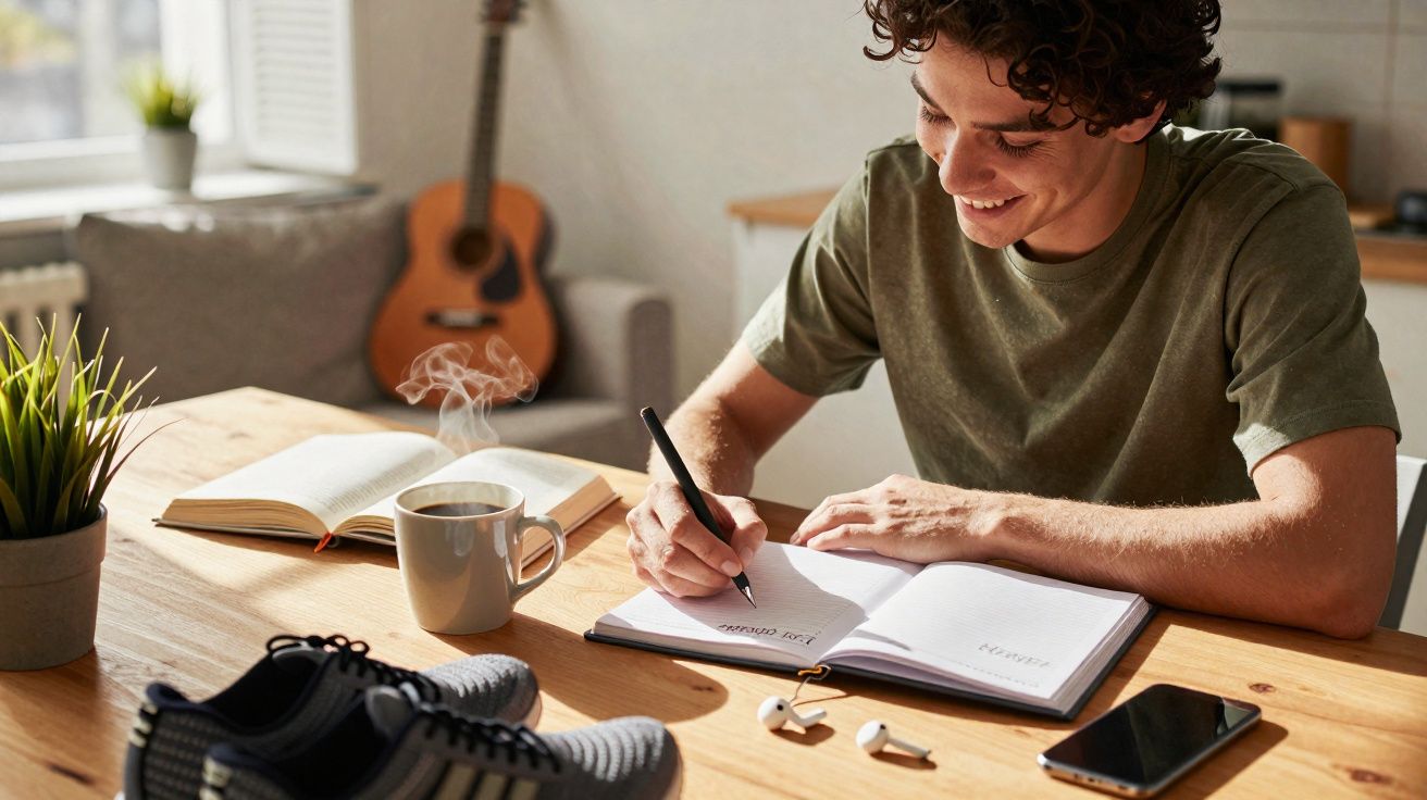 Jovem a escrever numa agenda sentado numa mesa com café, ténis, auscultadores e guitarra ao fundo.
