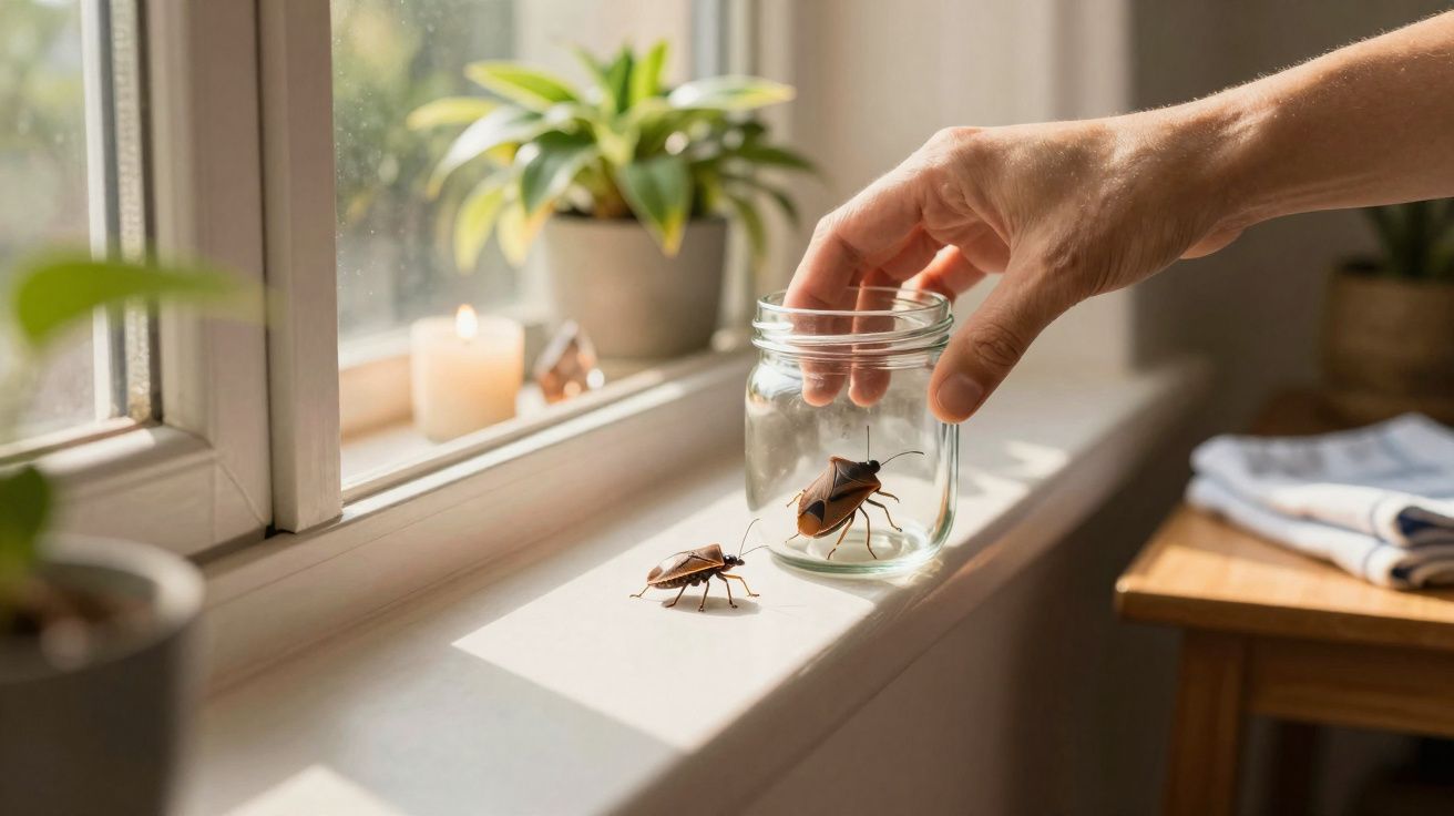 Mão a apanhar percevejo num frasco de vidro numa janela com plantas e vela ao fundo.