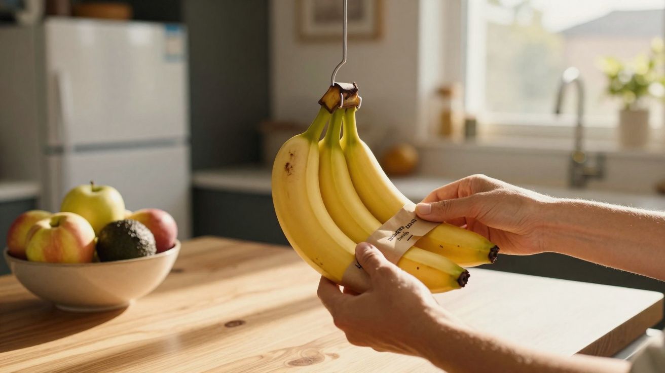 Mãos seguram cacho de bananas pendurado numa cozinha com uma tigela de frutas no fundo.