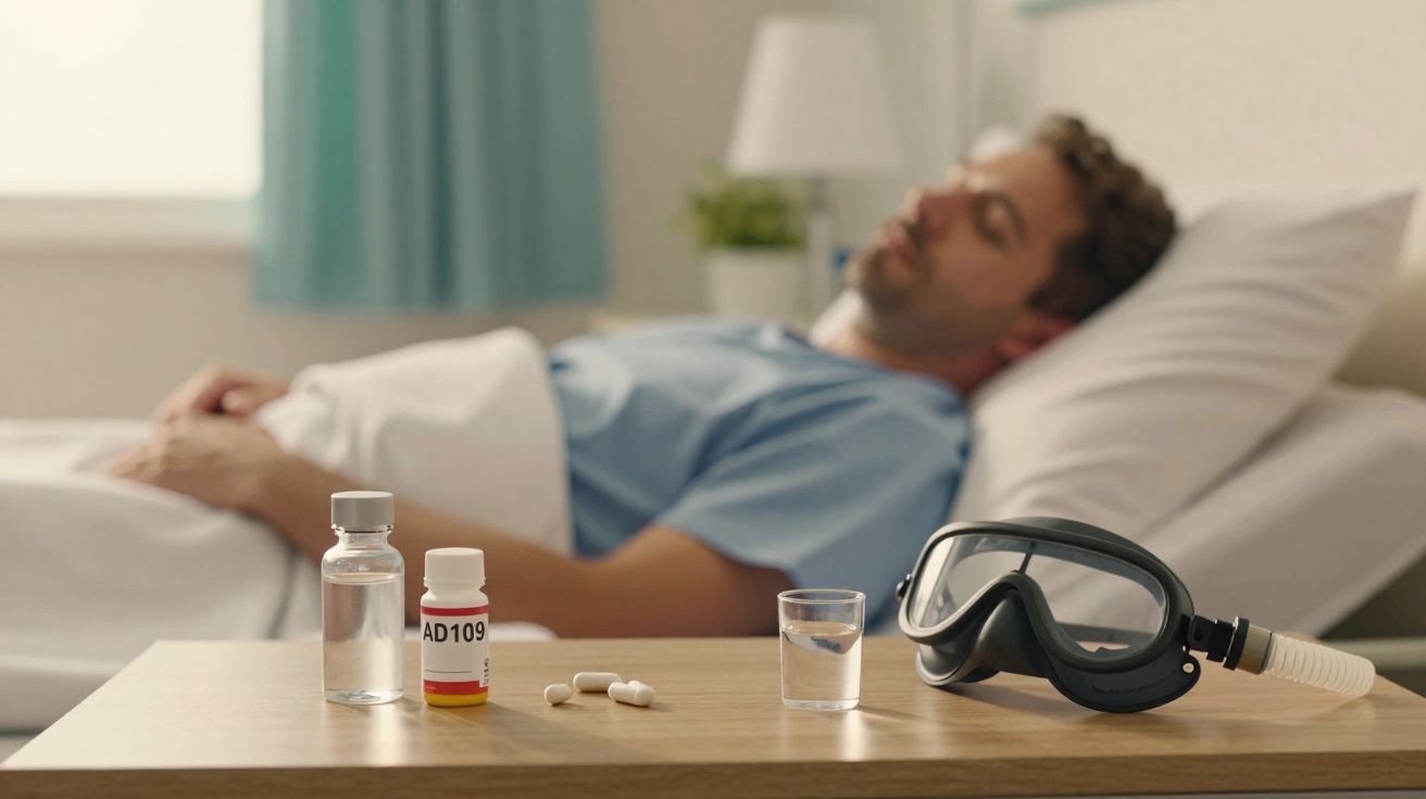 Paciente deitado numa cama hospitalar com medicamentos e máscara de mergulho numa mesa ao lado.