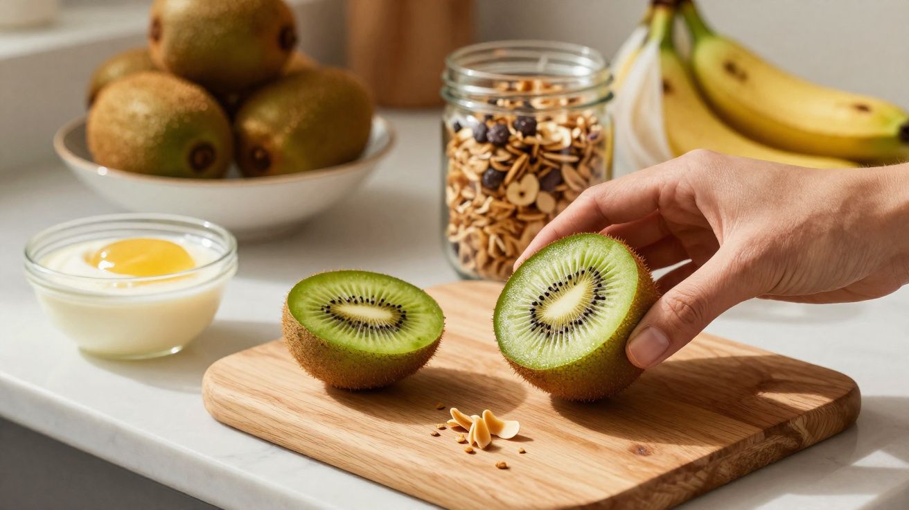 Mão segura metade de um kiwi cortado em prancha de madeira, com frutas e granola ao fundo numa bancada.