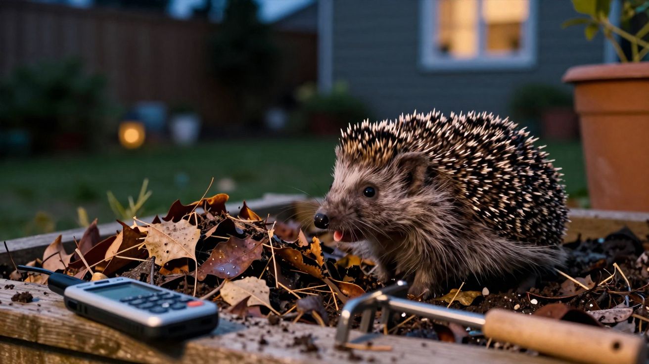 Ouriço no canteiro de jardim com folhas secas, ao lado de um telefone e uma ferramenta de jardinagem.