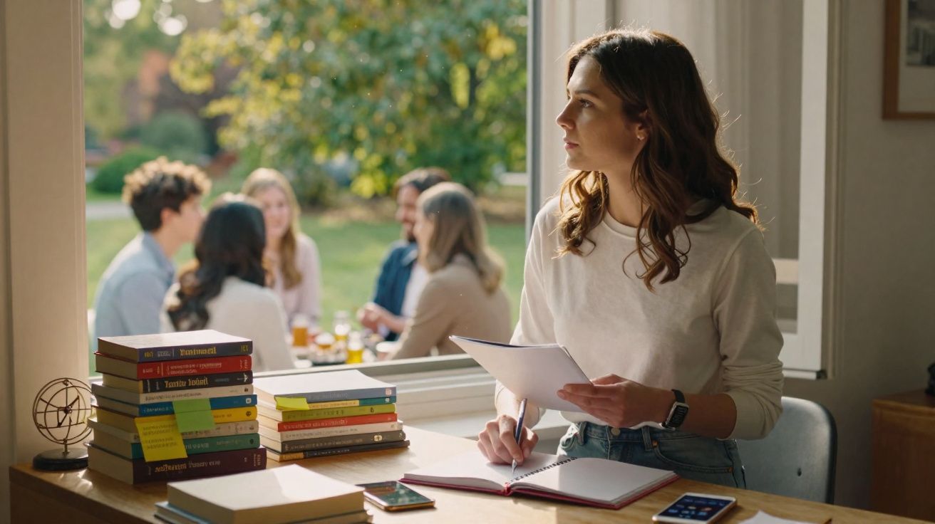 Mulher jovem a escrever num caderno sentada à secretária perto de janela com grupo de pessoas ao fundo.