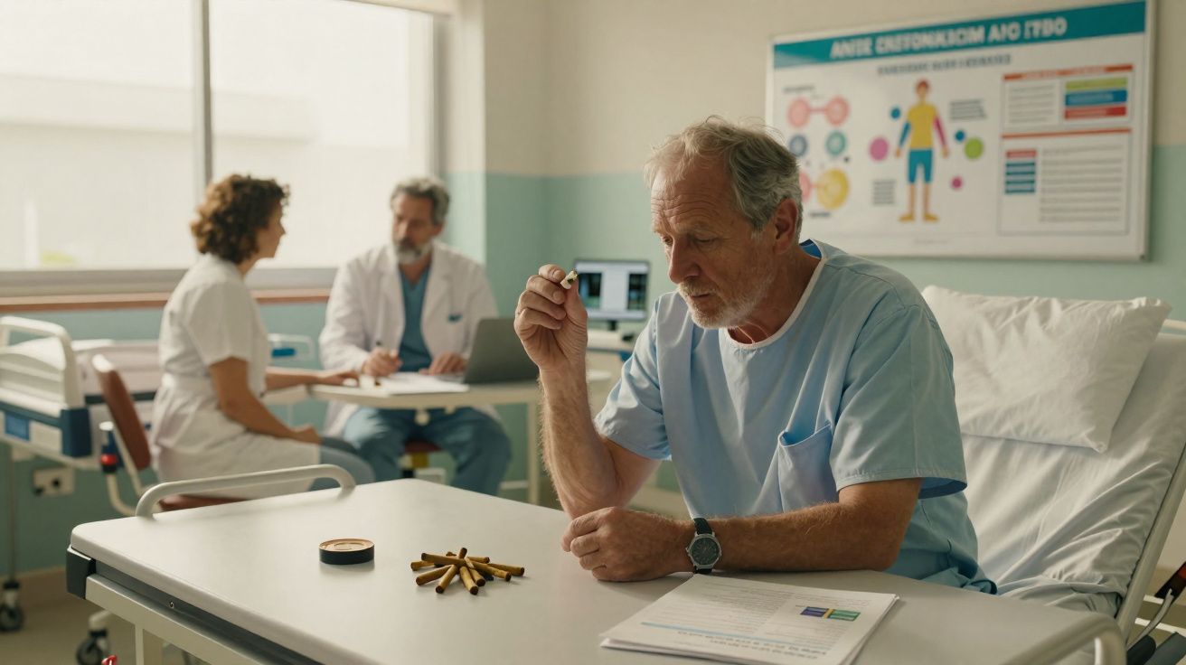 Homem idoso em pijama hospitalar sentado num quarto, segurando um cigarro, com dois profissionais de saúde ao fundo.