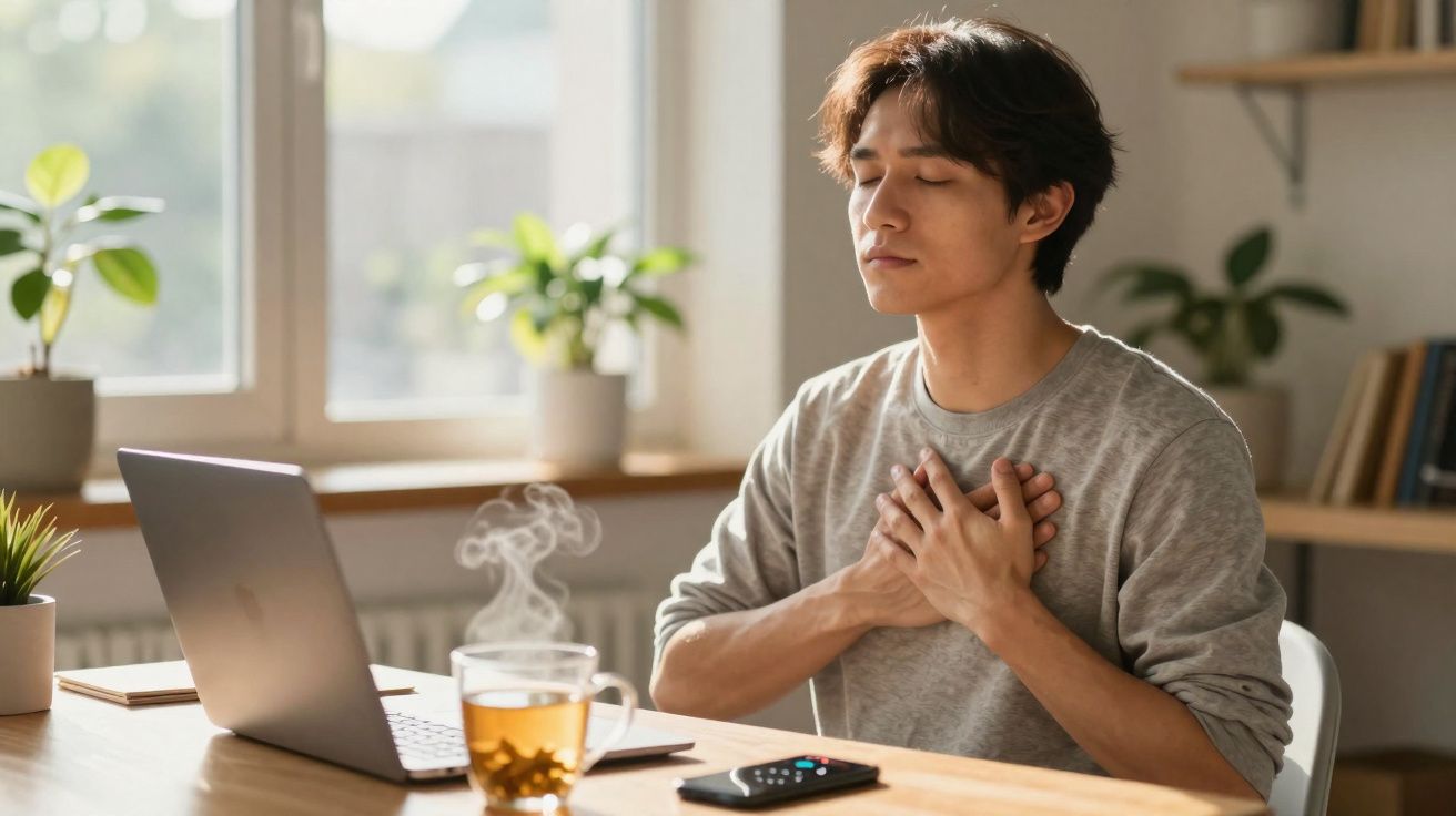Homem sentado à mesa junto ao computador com as mãos no peito e olhos fechados, a meditar ou relaxar.