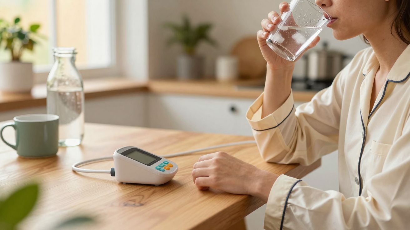 Pessoa de pijama a beber água enquanto mede a pressão arterial com um monitor digital numa cozinha.