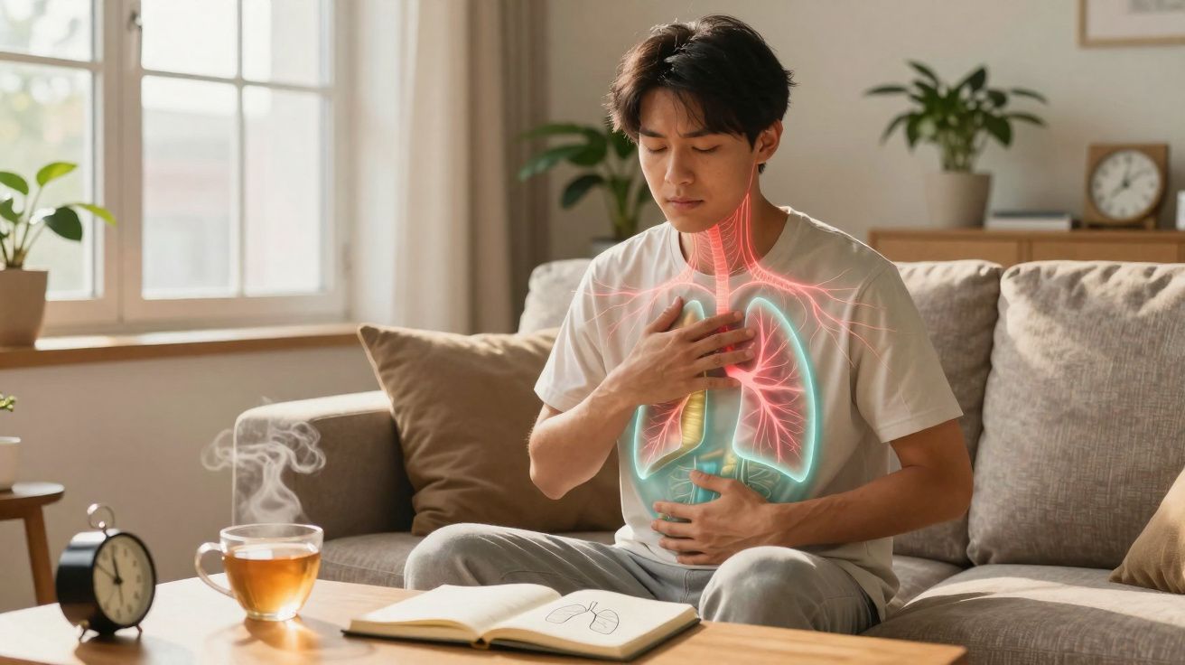 Homem sentado no sofá com dor no peito, mostrando ilustração digital dos pulmões e traqueia.