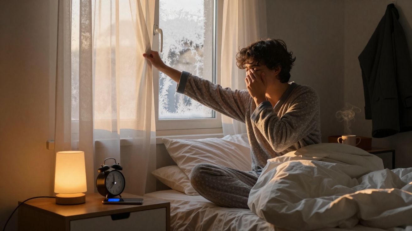 Pessoa com pijama a abrir a cortina de um quarto ao amanhecer, com despertador e candeeiro na mesa ao lado.
