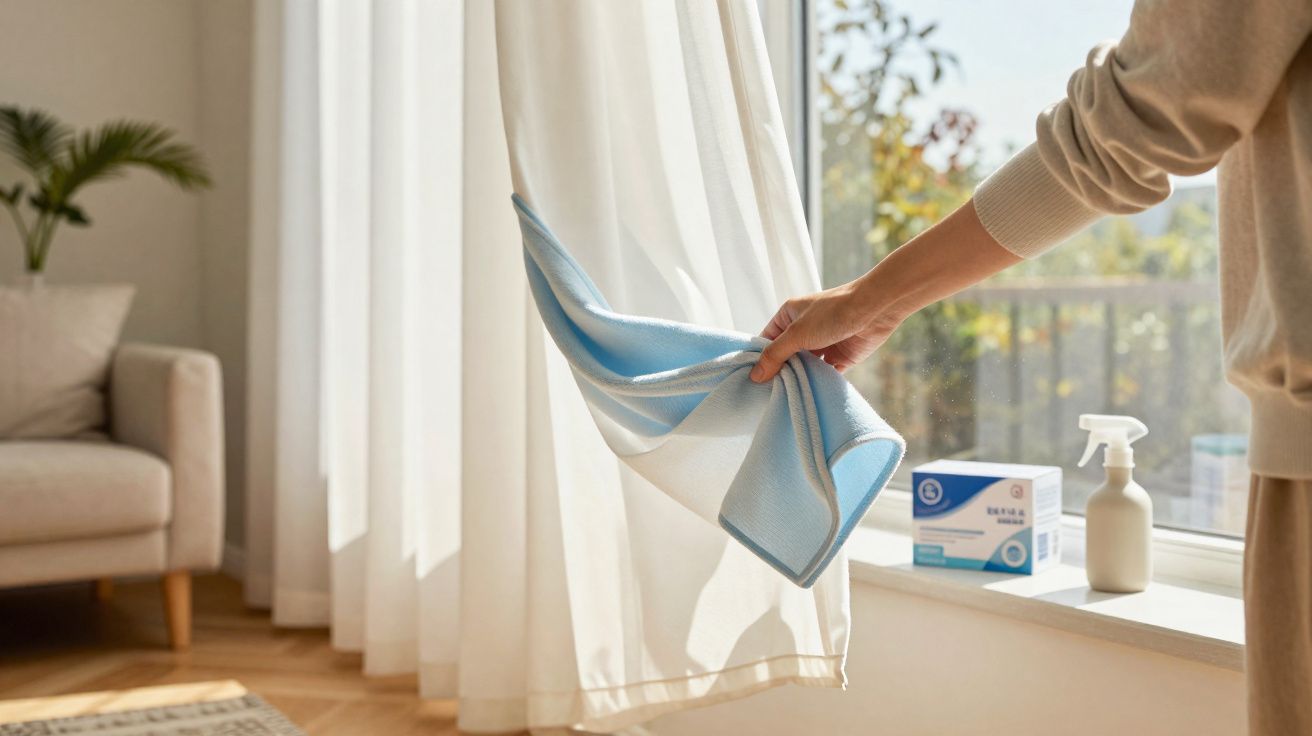 Pessoa a limpar cortina branca próxima a janela com pano azul, luz natural entra na sala.