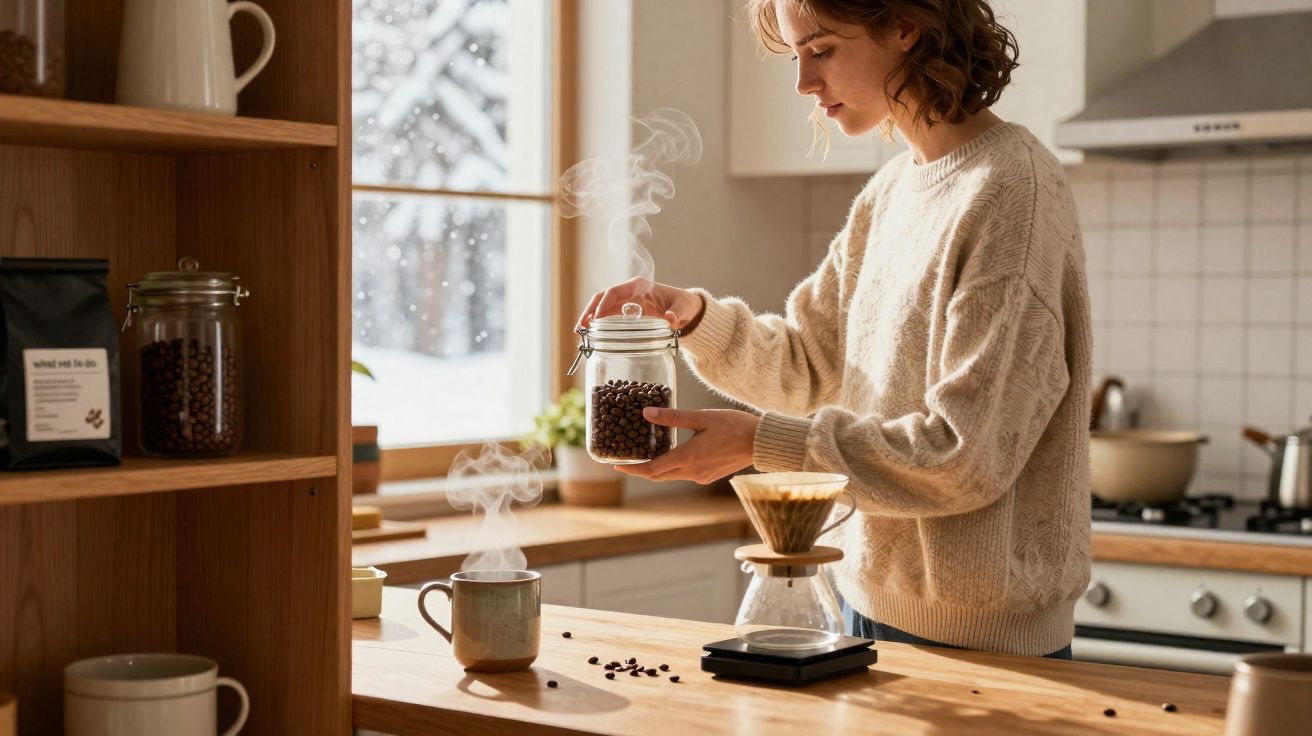 Mulher de camisola a colocar grãos de café num frasco na cozinha iluminada a luz natural.